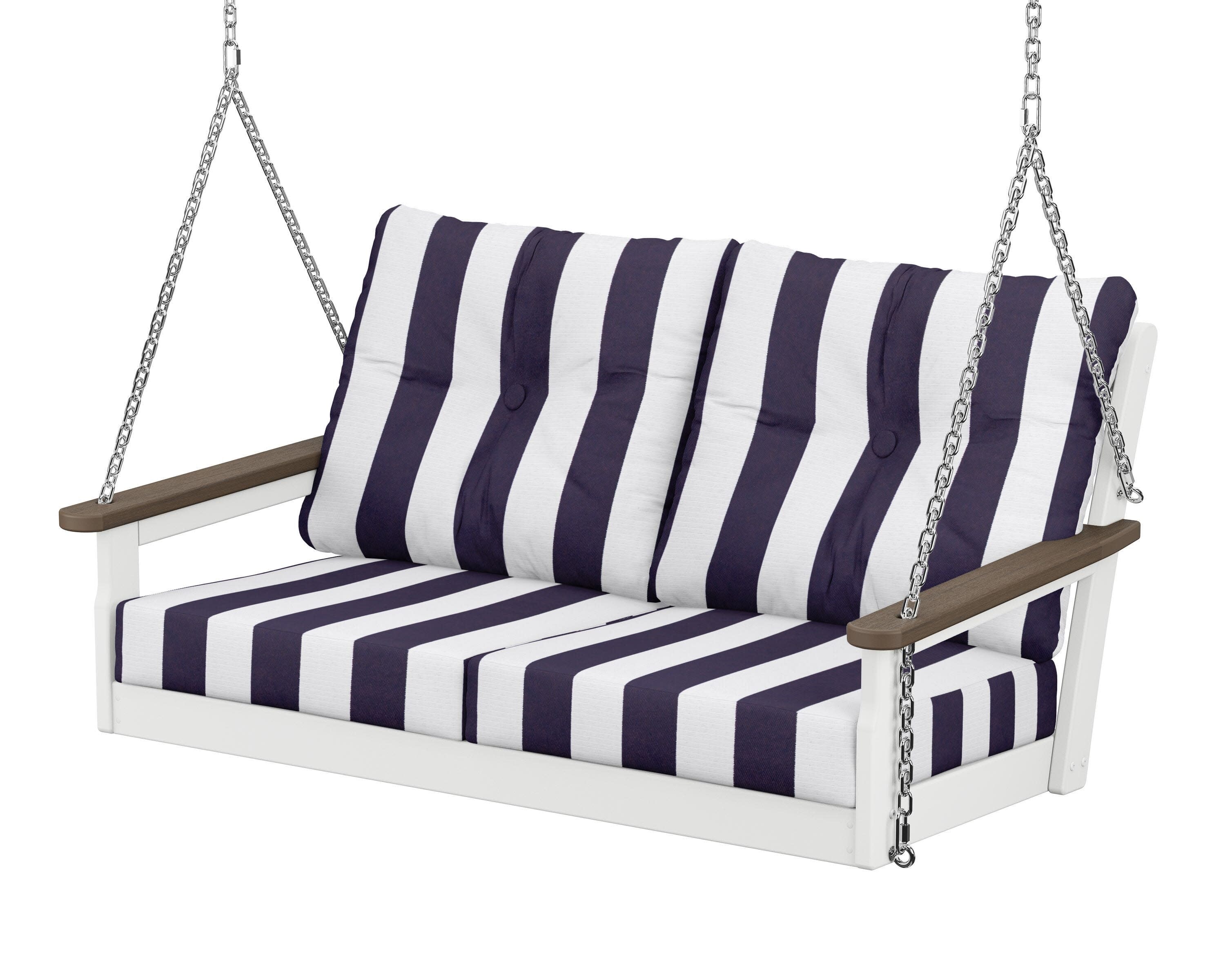 Vineyard Deep Seating Swing in White / Kona / Cabana Stripe Navy