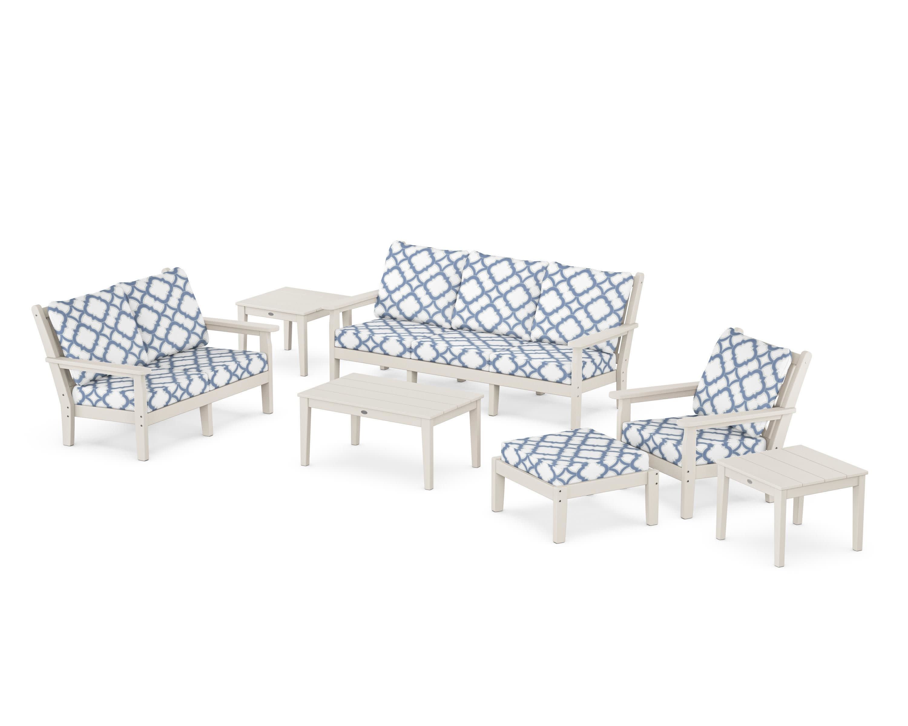 Chippendale 7-Piece Deep Seating Set in Sand / Trellis Sky Blue