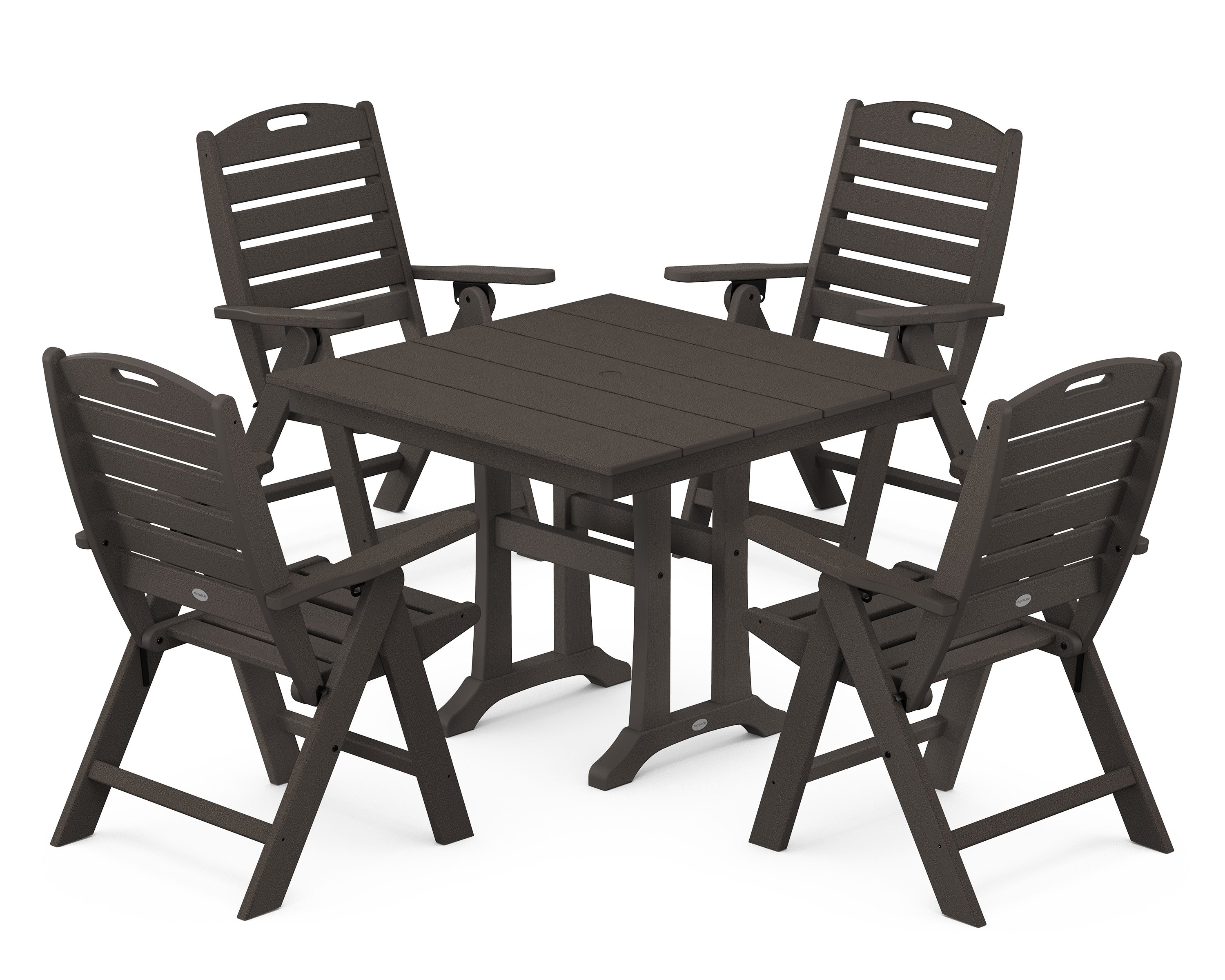 Nautical Folding Highback Chair 5-Piece Farmhouse Trestle Dining Set in Vintage Coffee