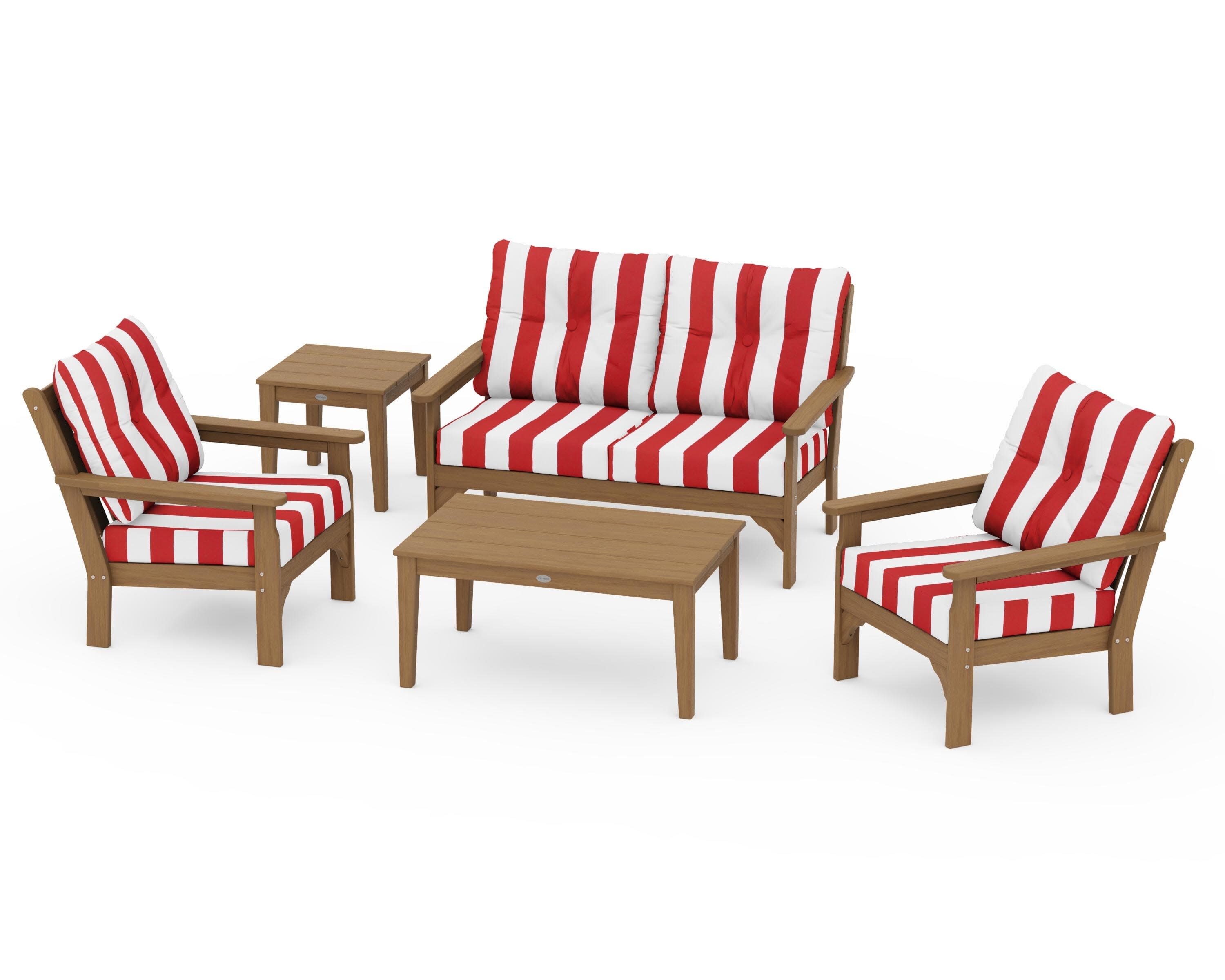 Vineyard 5-Piece Deep Seating Set in Natural / Cabana Stripe Crimson