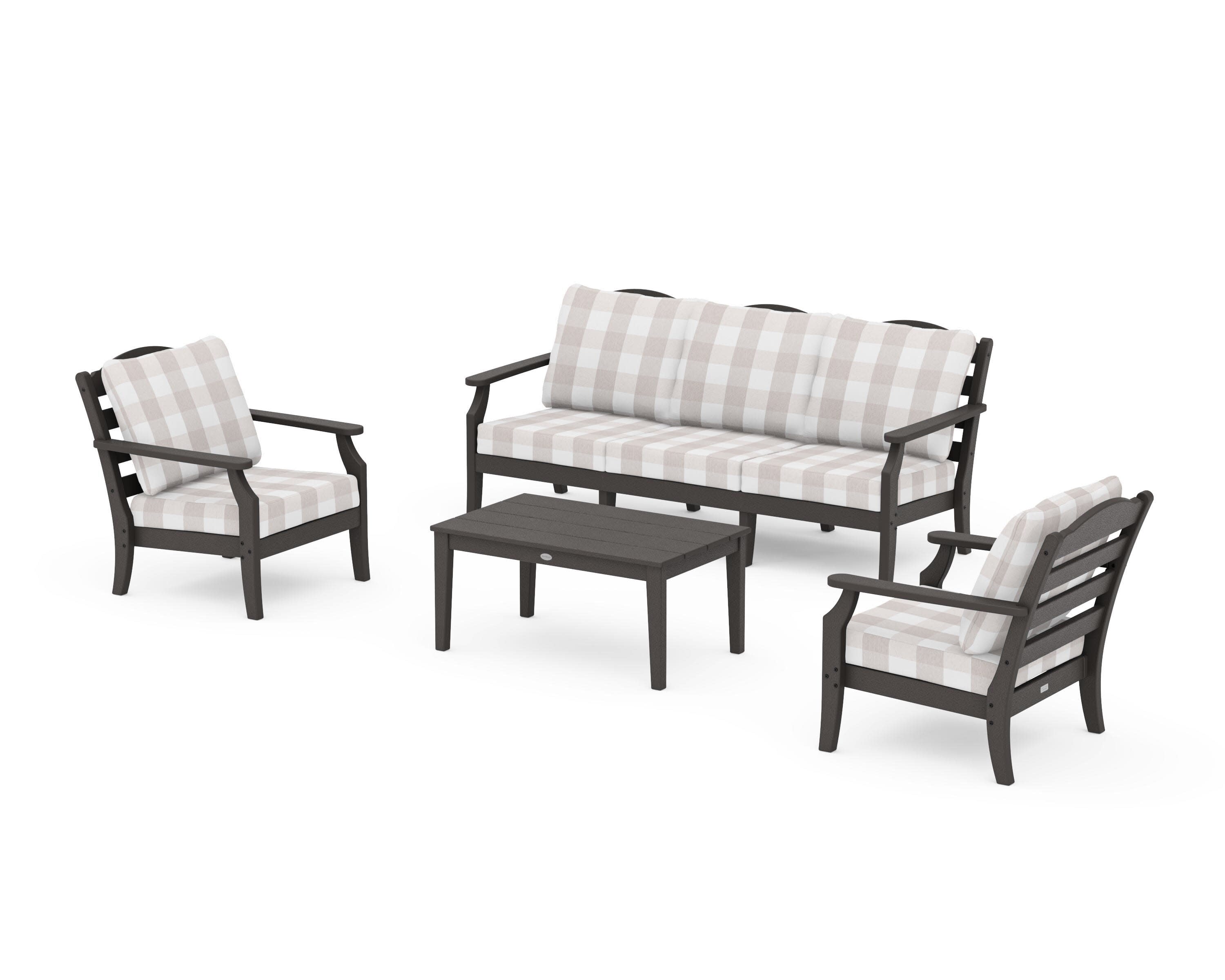 Savannah 4-Piece Deep Seating Set with Sofa in Vintage Coffee / Buffalo Plaid Dune Burlap