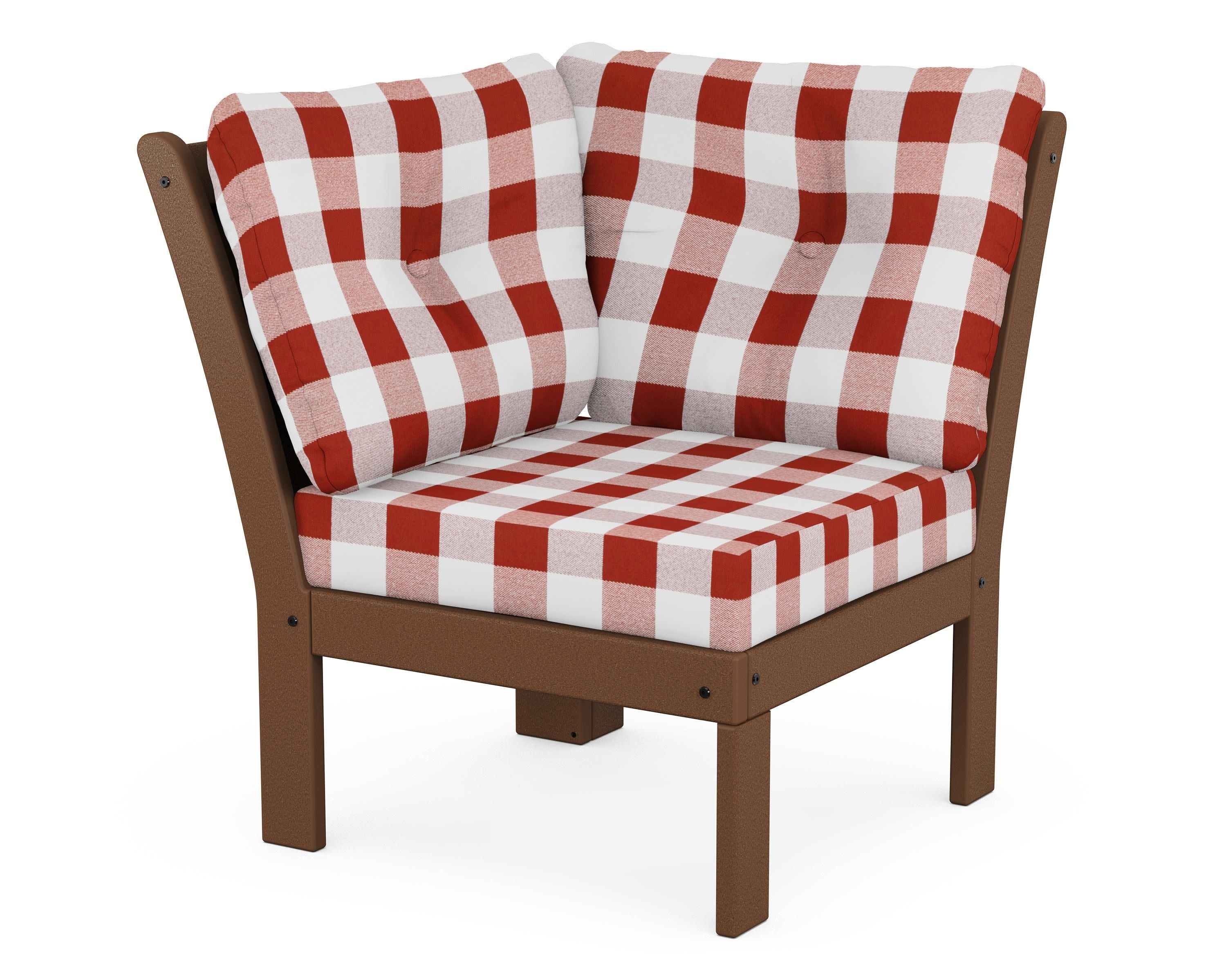 Vineyard Modular Corner Chair in Teak / Buffalo Plaid Crimson