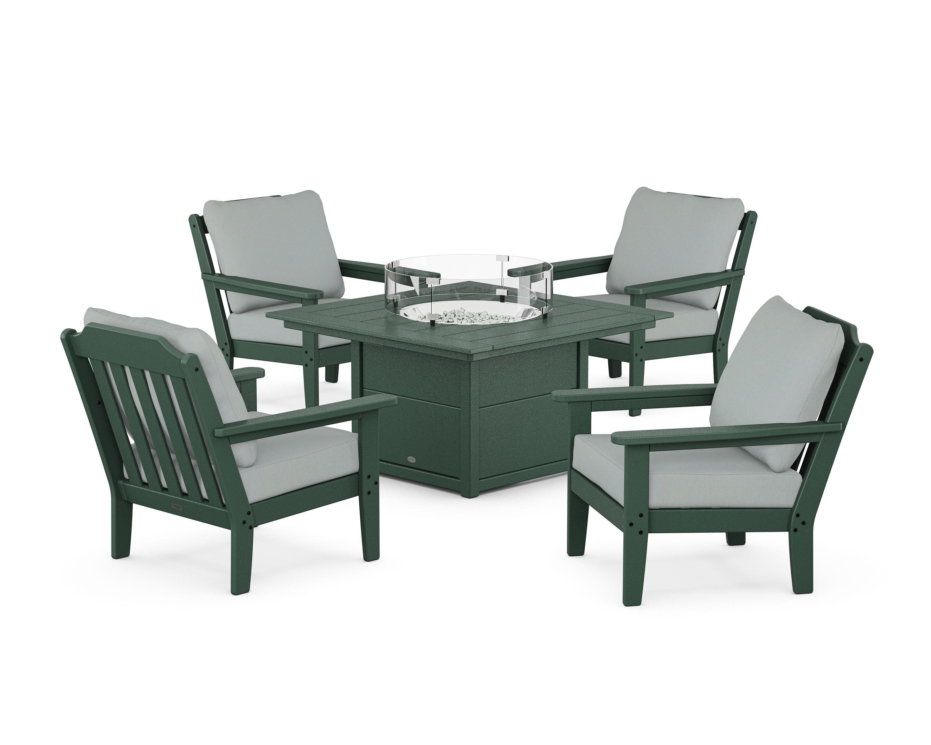 Cottage 5-Piece Deep Seating Set with Fire Pit Table in Green / Spa