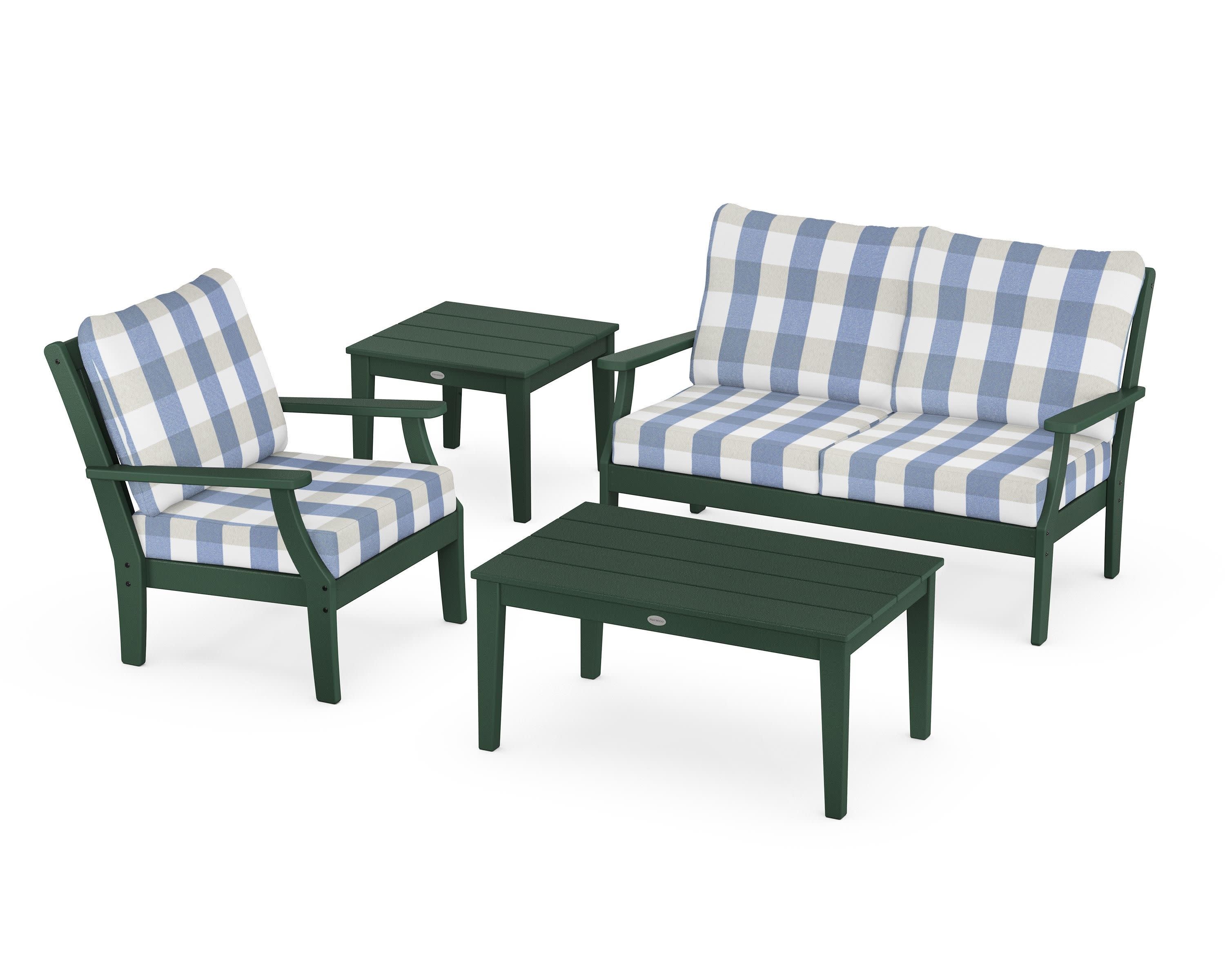 Braxton 4-Piece Deep Seating Set in Green / Buffalo Plaid Sky Blue