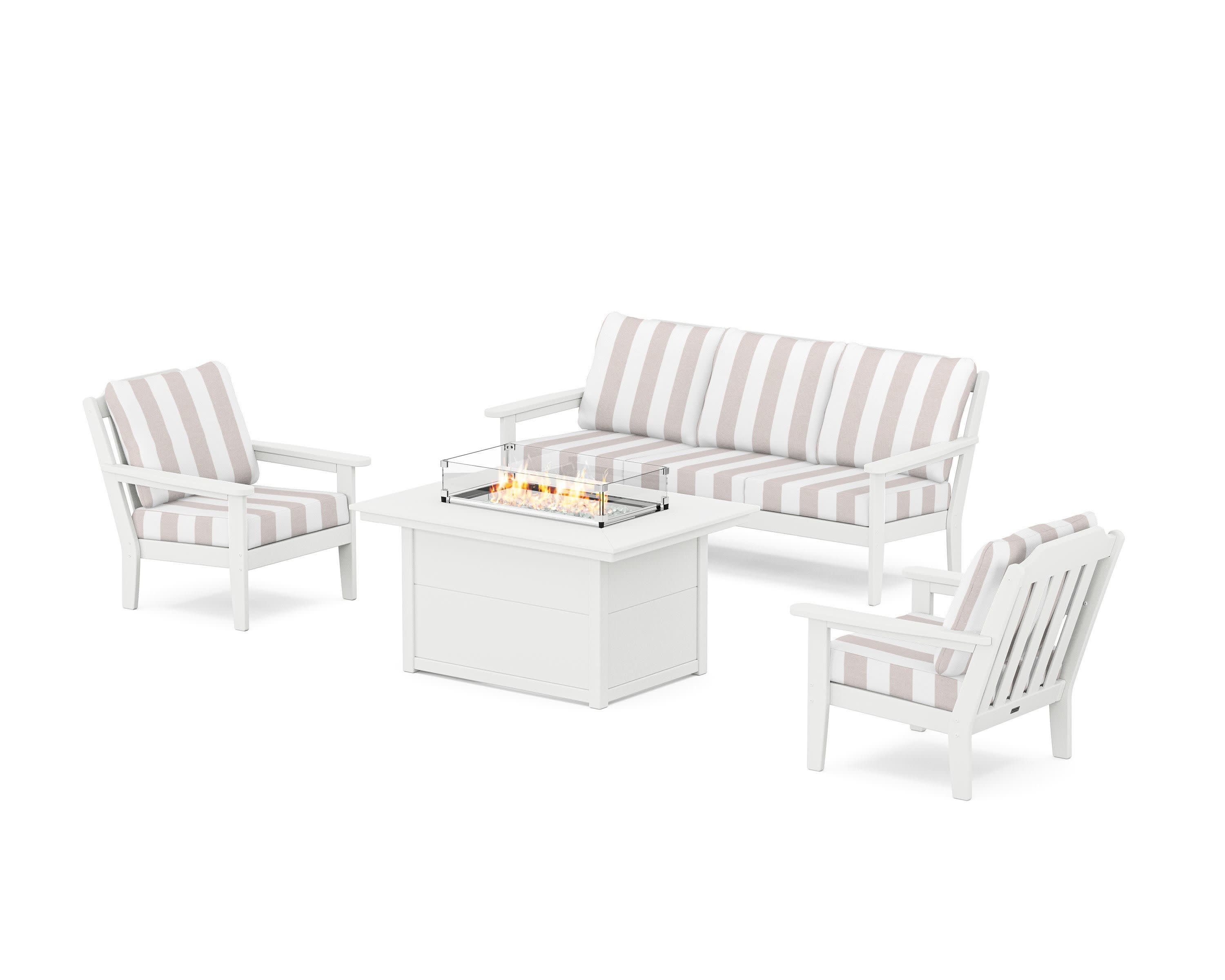 Cottage Deep Seating Fire Pit Table Set in White / Cabana Stripe Dune Burlap