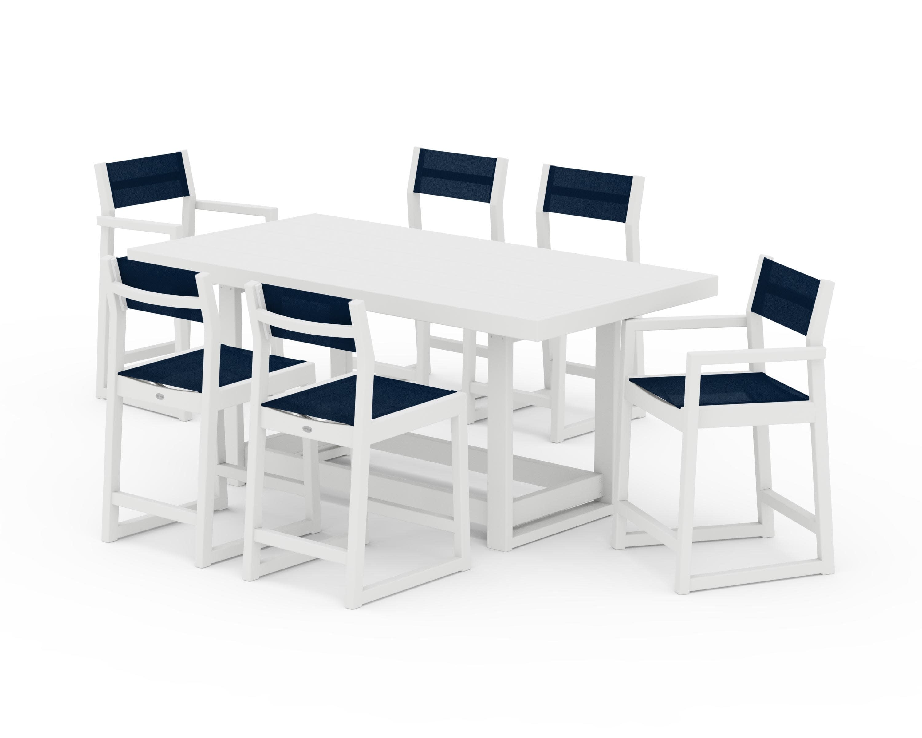 EDGE Sling 7-Piece Counter Table Set in White / Navy Blue Sling