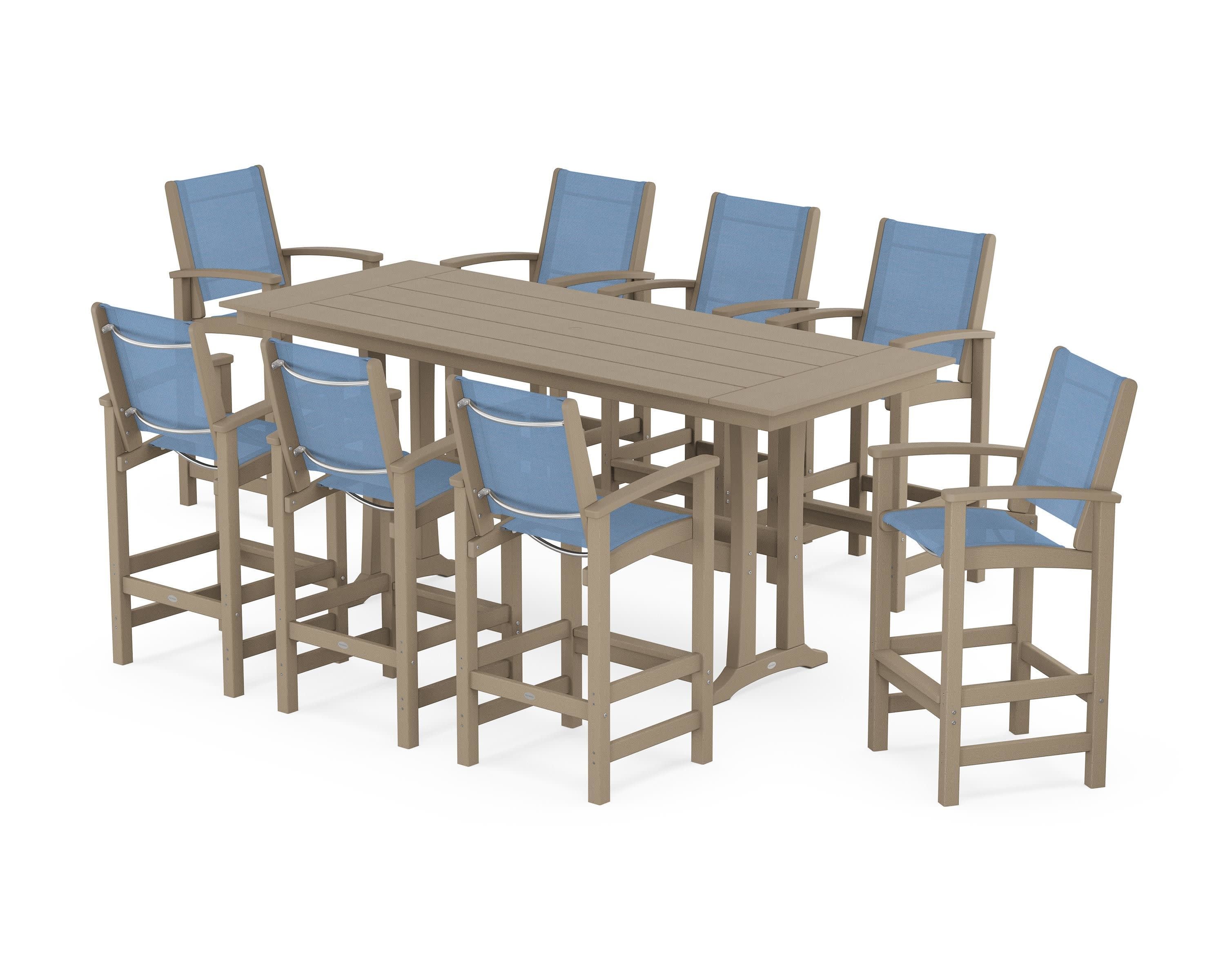 Coastal 9-Piece Farmhouse Bar Set with Trestle Legs in Vintage Sahara / Poolside Sling
