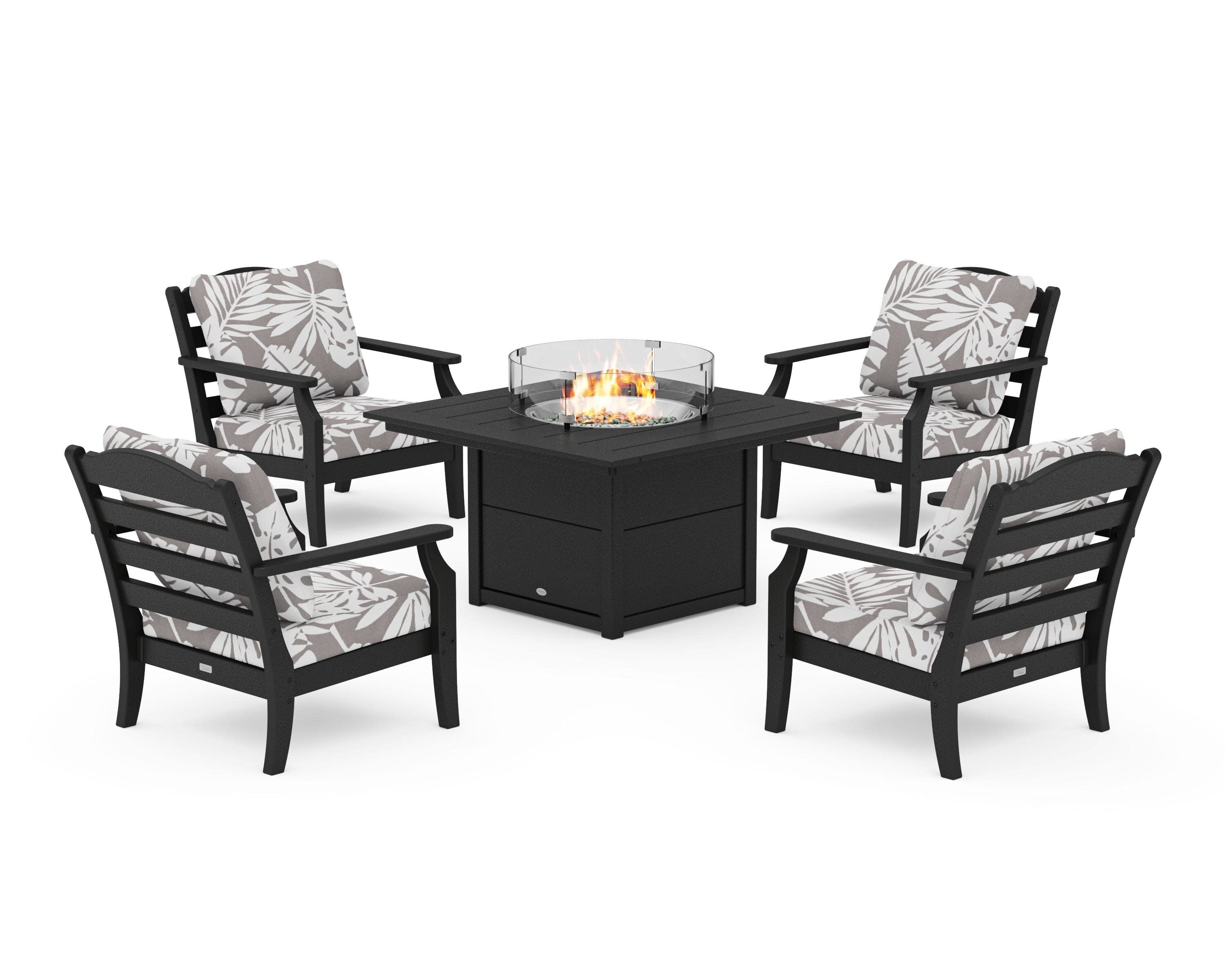 Savannah 5-Piece Deep Seating Set with Fire Pit Table in Black / Leaf Grey Mist