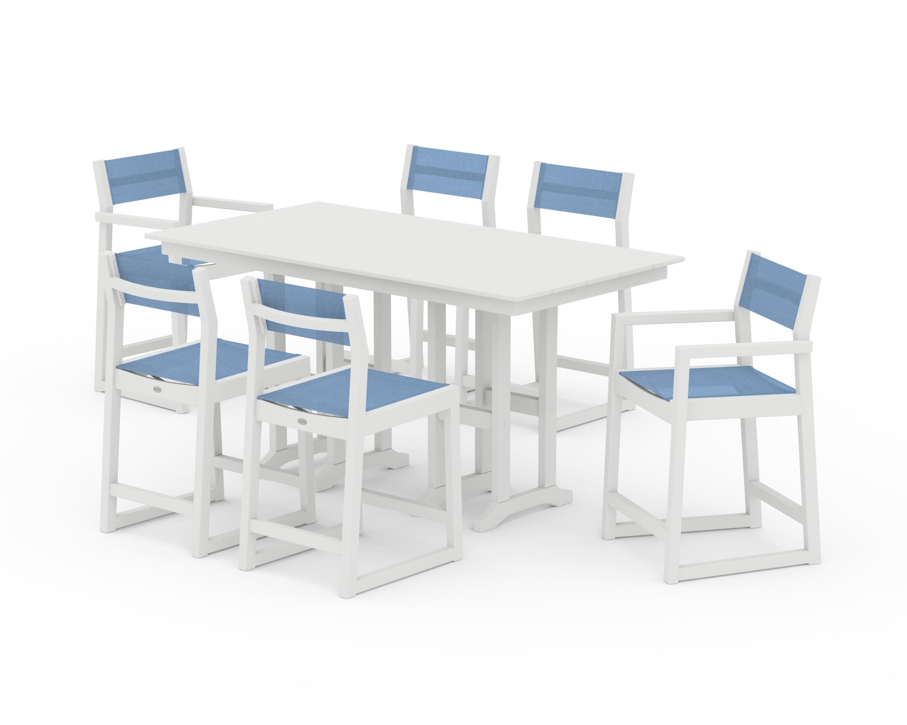 EDGE Sling 7-Piece Farmhouse Counter Set with Trestle Legs in Vintage White / Poolside Sling