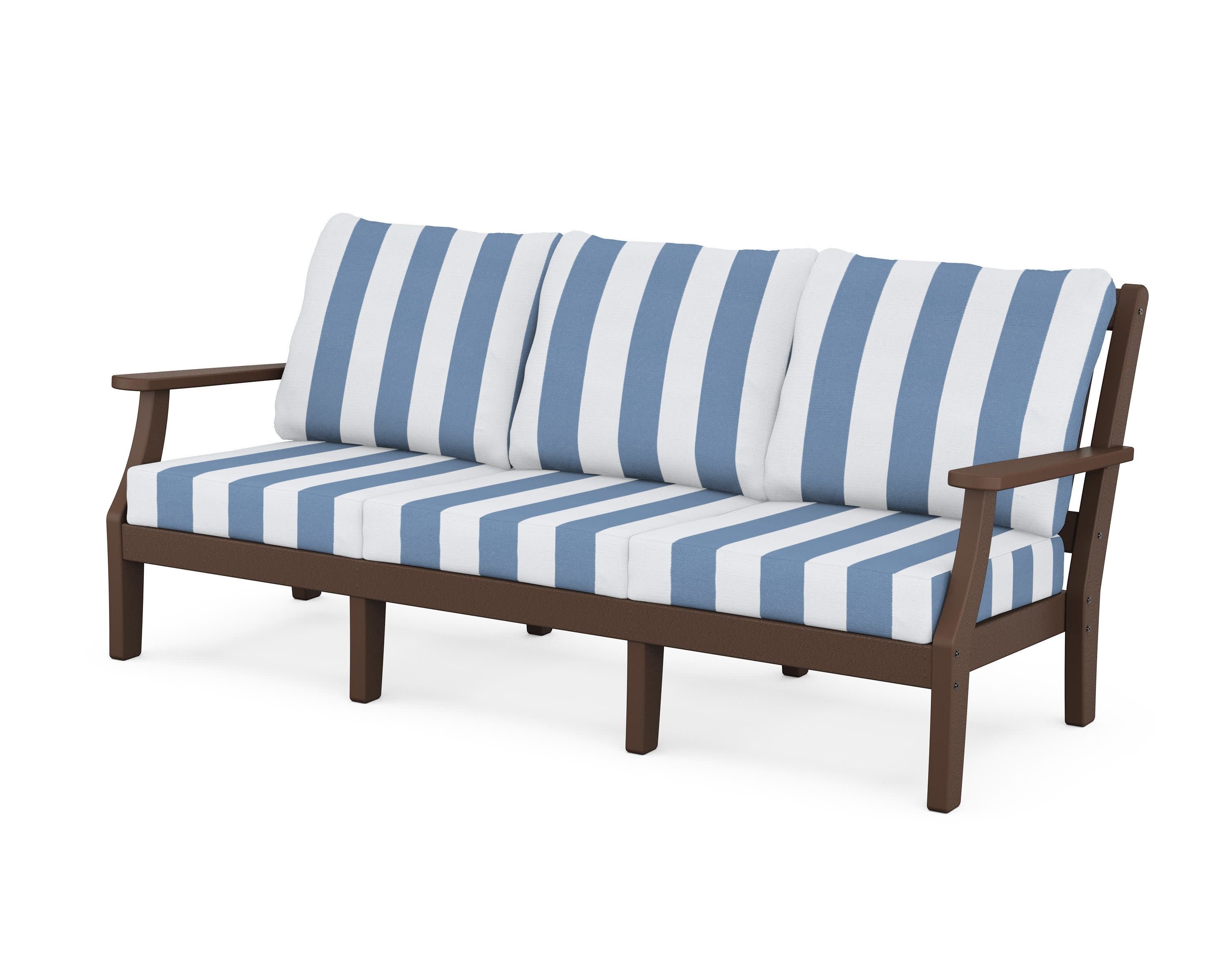 Chinoiserie Deep Seating Sofa in Mahogany / Cabana Stripe Sky Blue