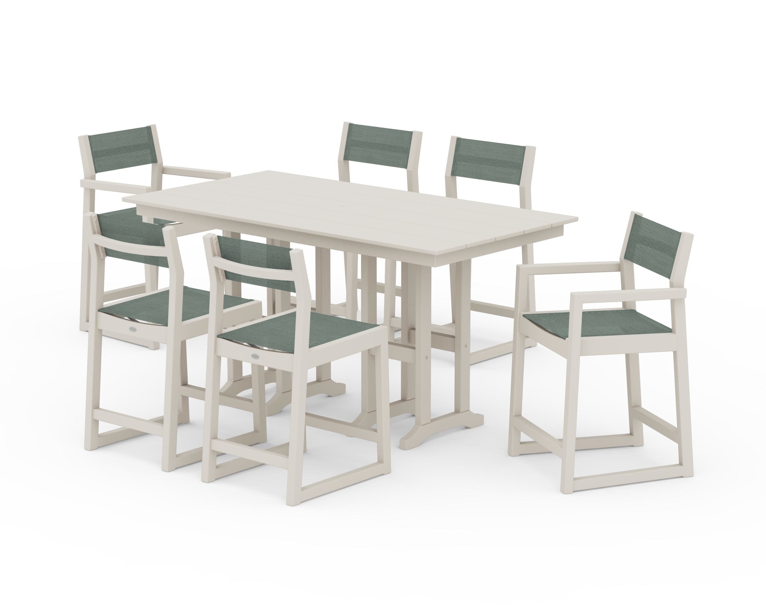 EDGE Sling 7-Piece Farmhouse Counter Set with Trestle Legs in Sand / Dupioni Sea Mist Sling