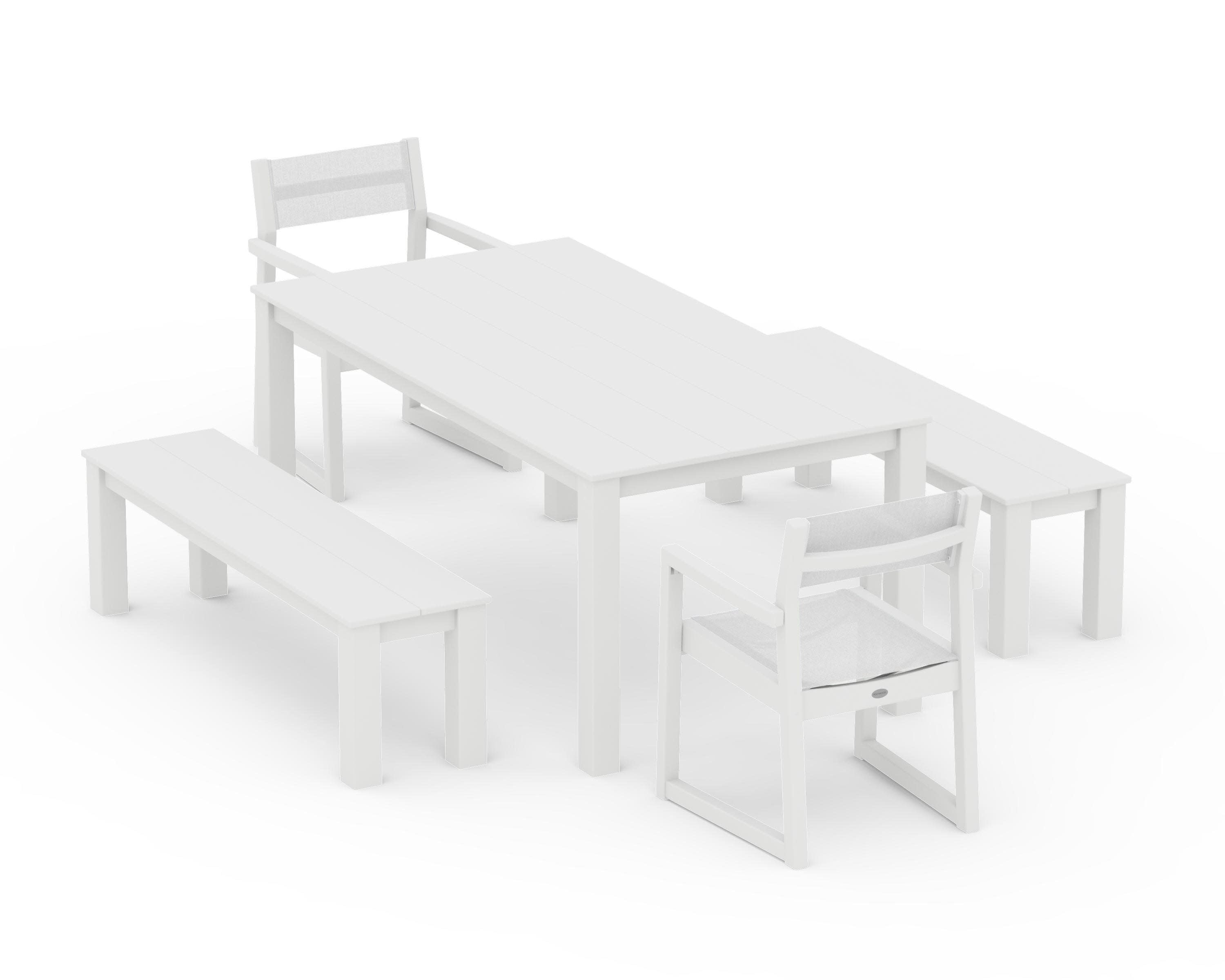 EDGE Sling Arm Chair 5-Piece Parsons Dining Set with Benches in White / White Sling