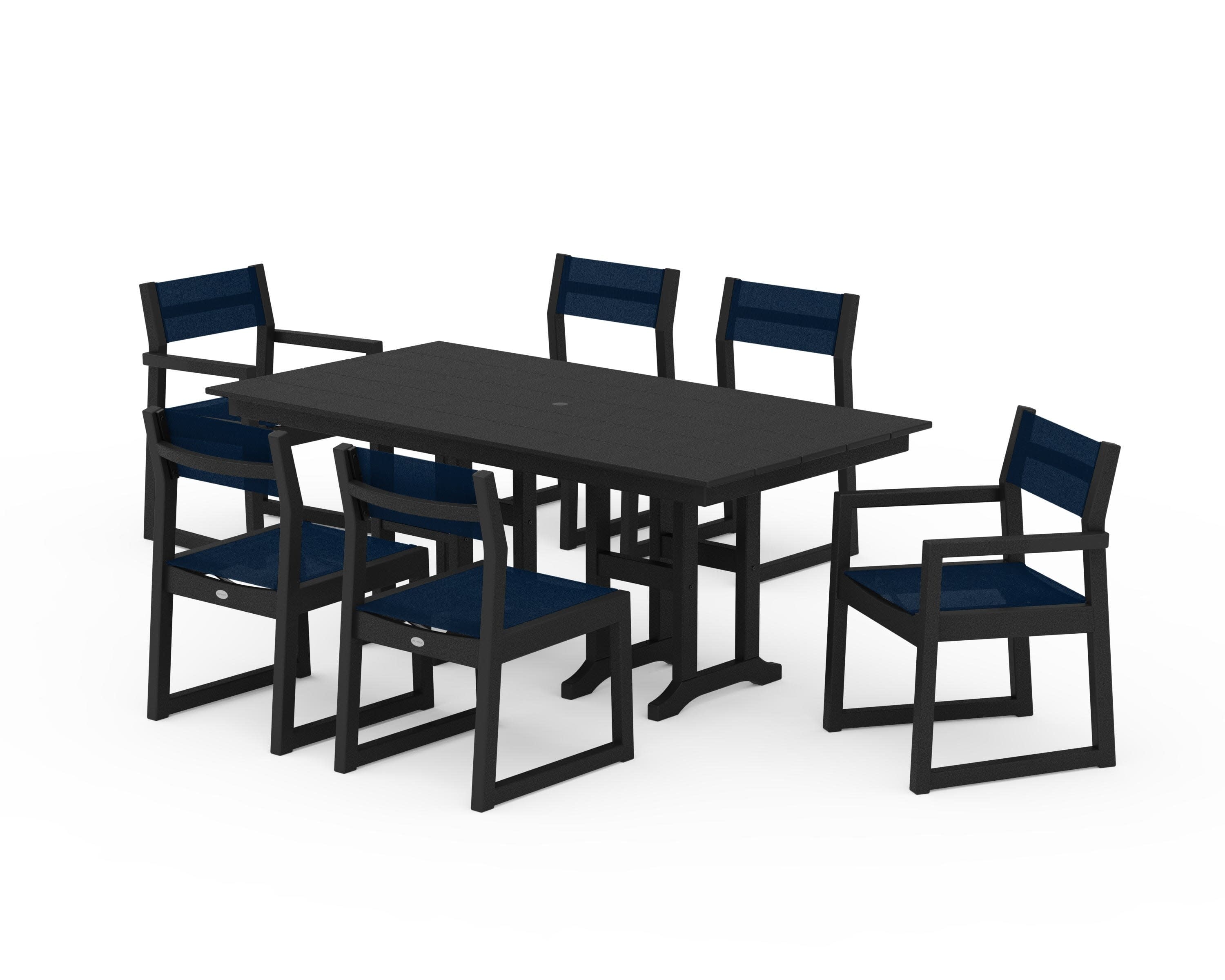 EDGE Sling 7-Piece Farmhouse Dining Set in Black / Navy Blue Sling