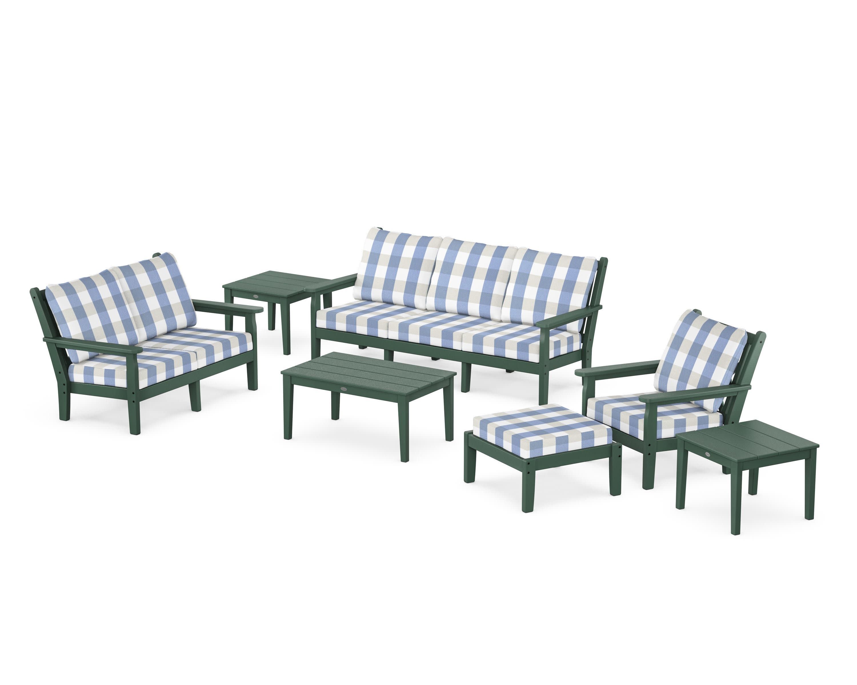 Chippendale 7-Piece Deep Seating Set in Green / Buffalo Plaid Sky Blue