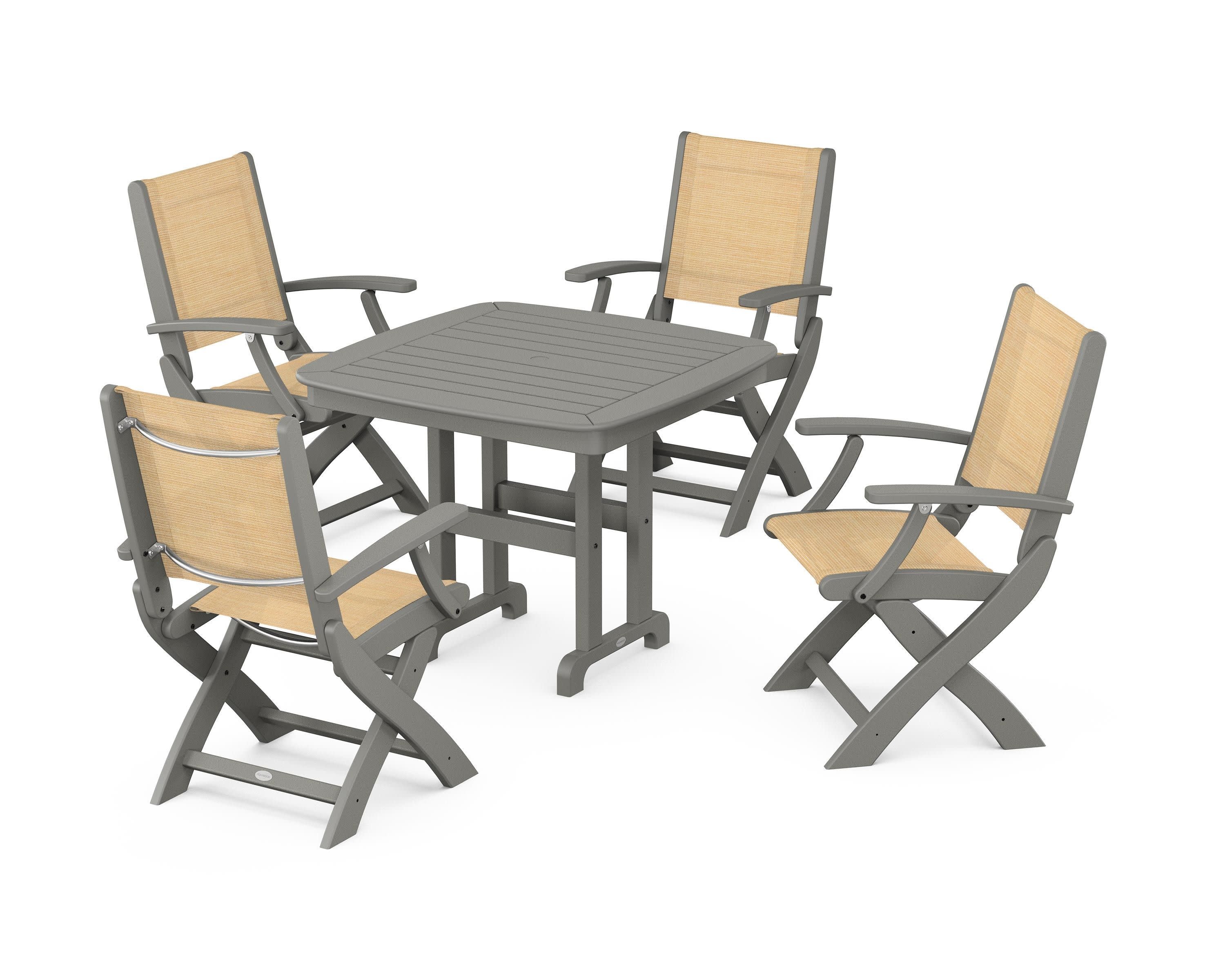 Coastal Folding Chair 5-Piece Dining Set in Slate Grey / Dupioni Apricot Sling