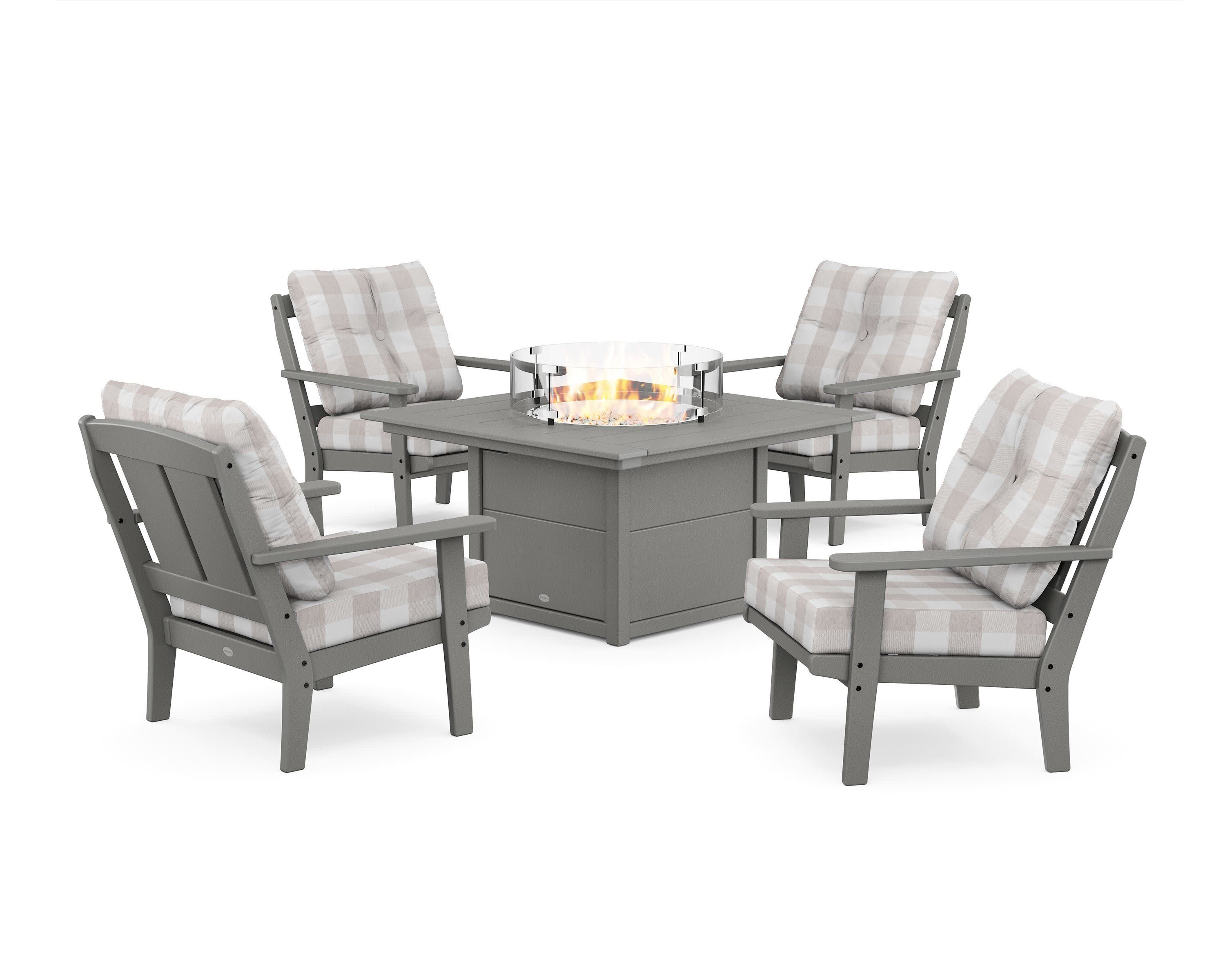 Mission 5-Piece Deep Seating Set with Fire Pit Table in Slate Grey / Buffalo Plaid Dune Burlap