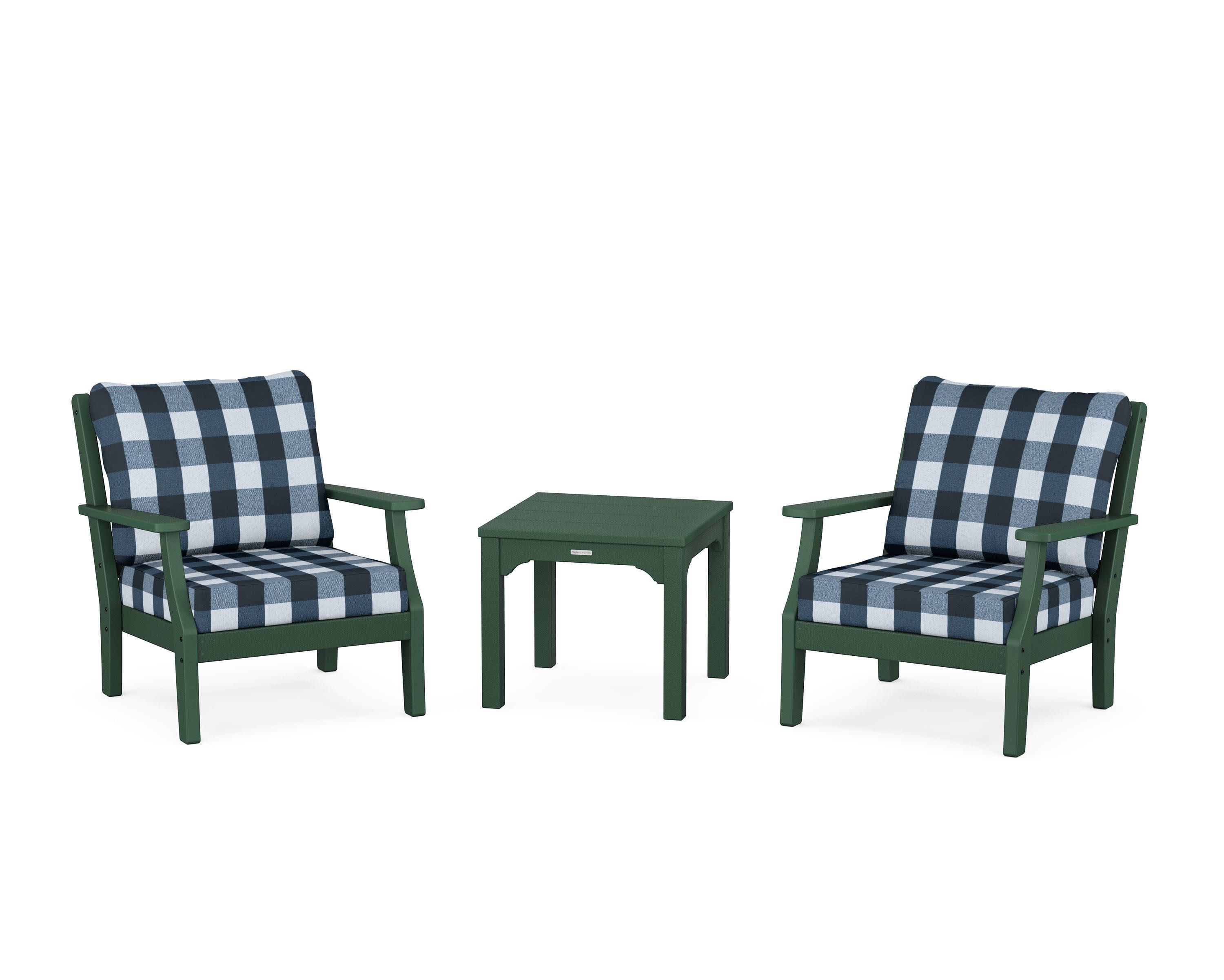 Chinoiserie 3-Piece Deep Seating Set in Green / Buffalo Plaid Marine Indigo