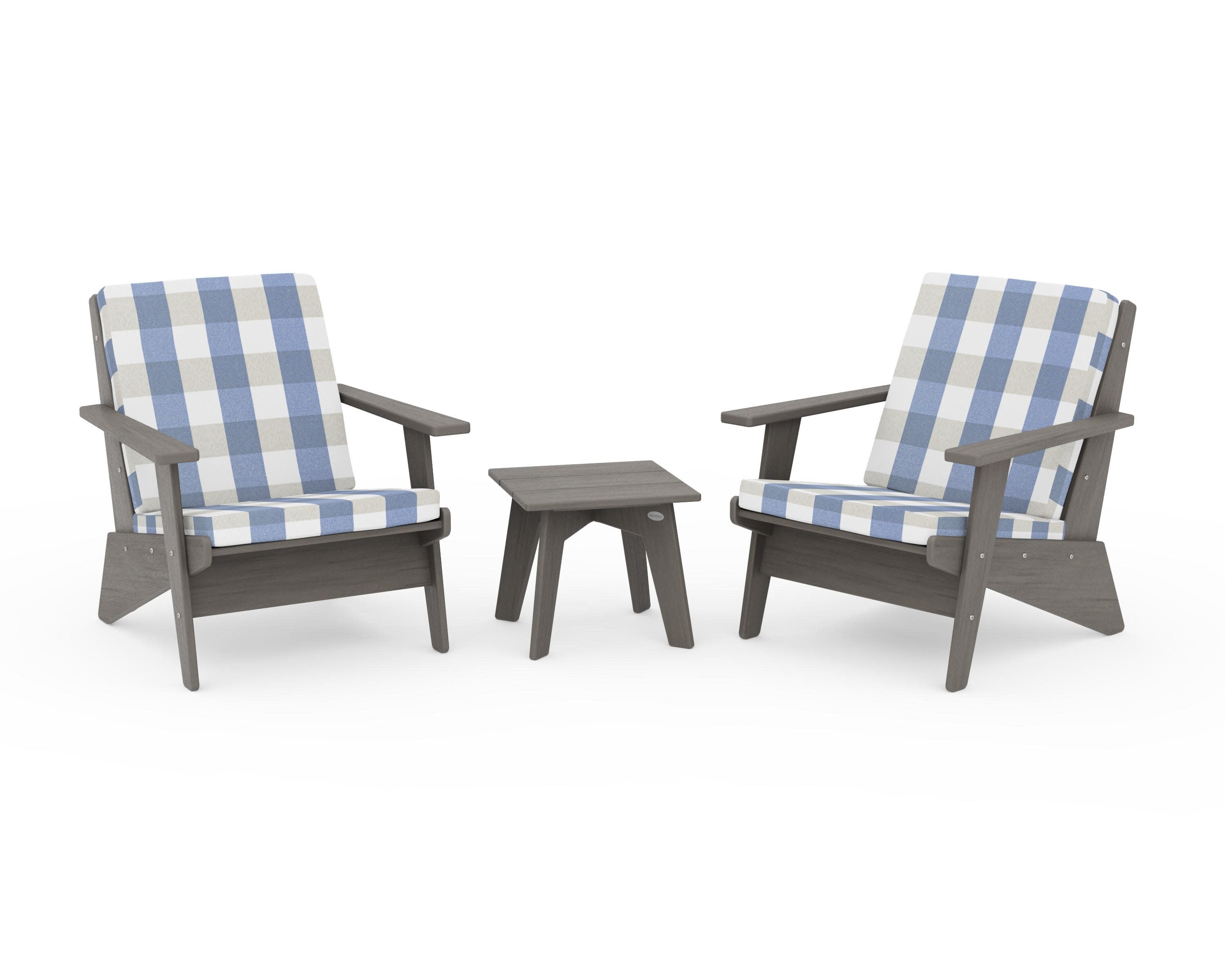 Riviera Modern Lounge 3-Piece Set in Driftwood / Buffalo Plaid Sky Blue