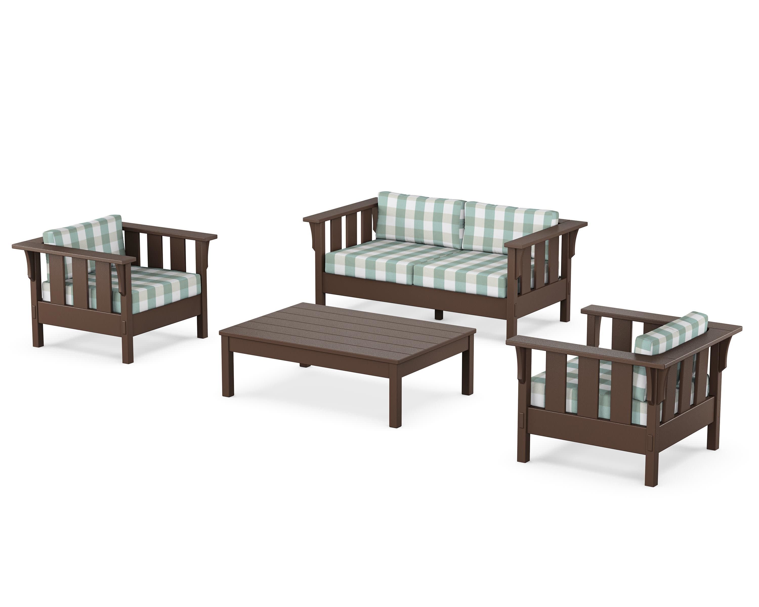 Acadia 4-Piece Deep Seating Set with Loveseat in Mahogany / Buffalo Plaid Glacier Spa