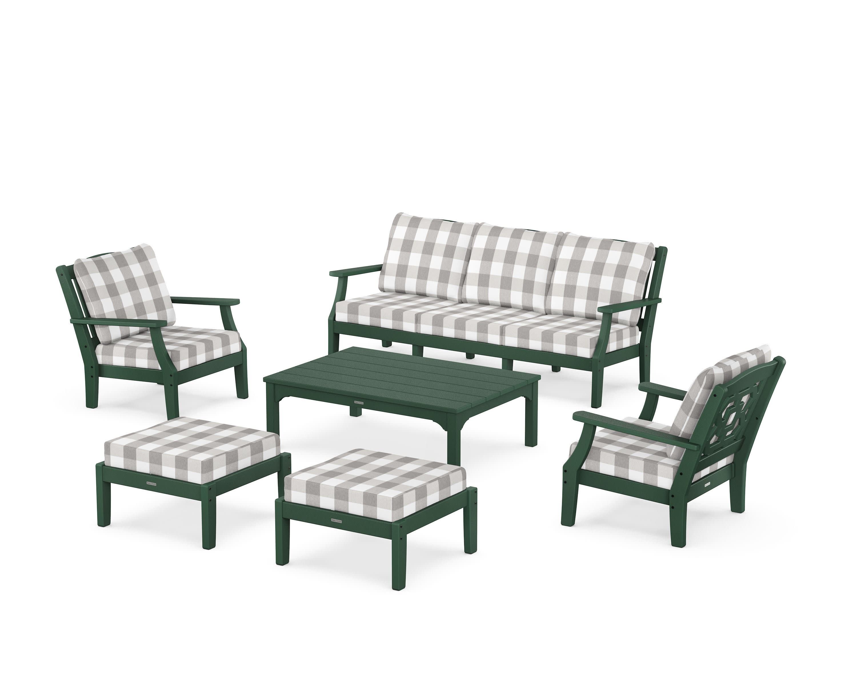 Chinoiserie 6-Piece Lounge Sofa Set in Green / Buffalo Plaid Grey Mist