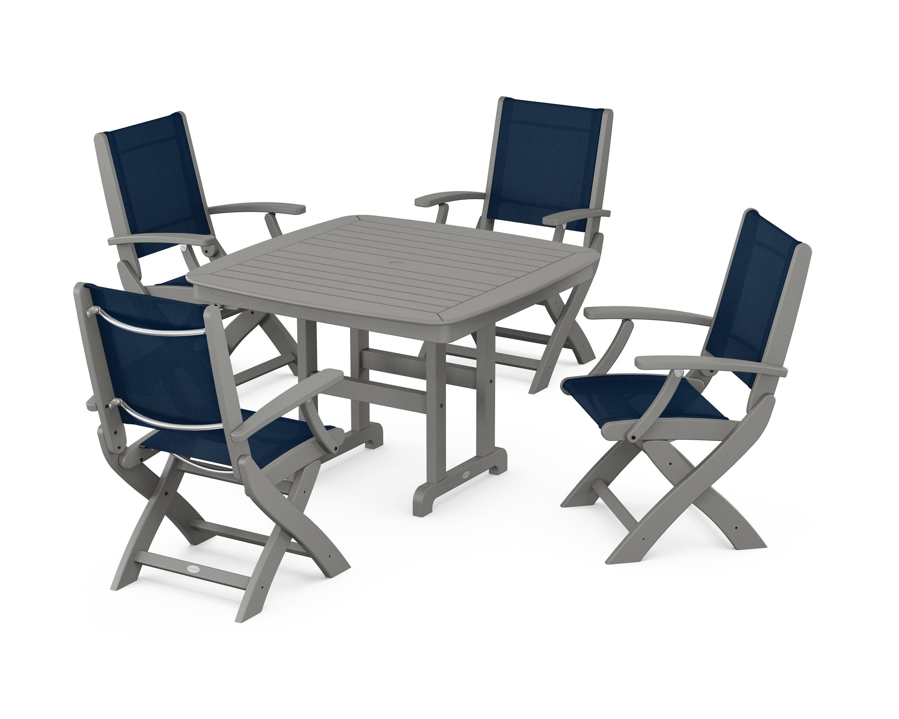 Coastal Folding Chair 5-Piece Dining Set in Slate Grey / Navy Blue Sling