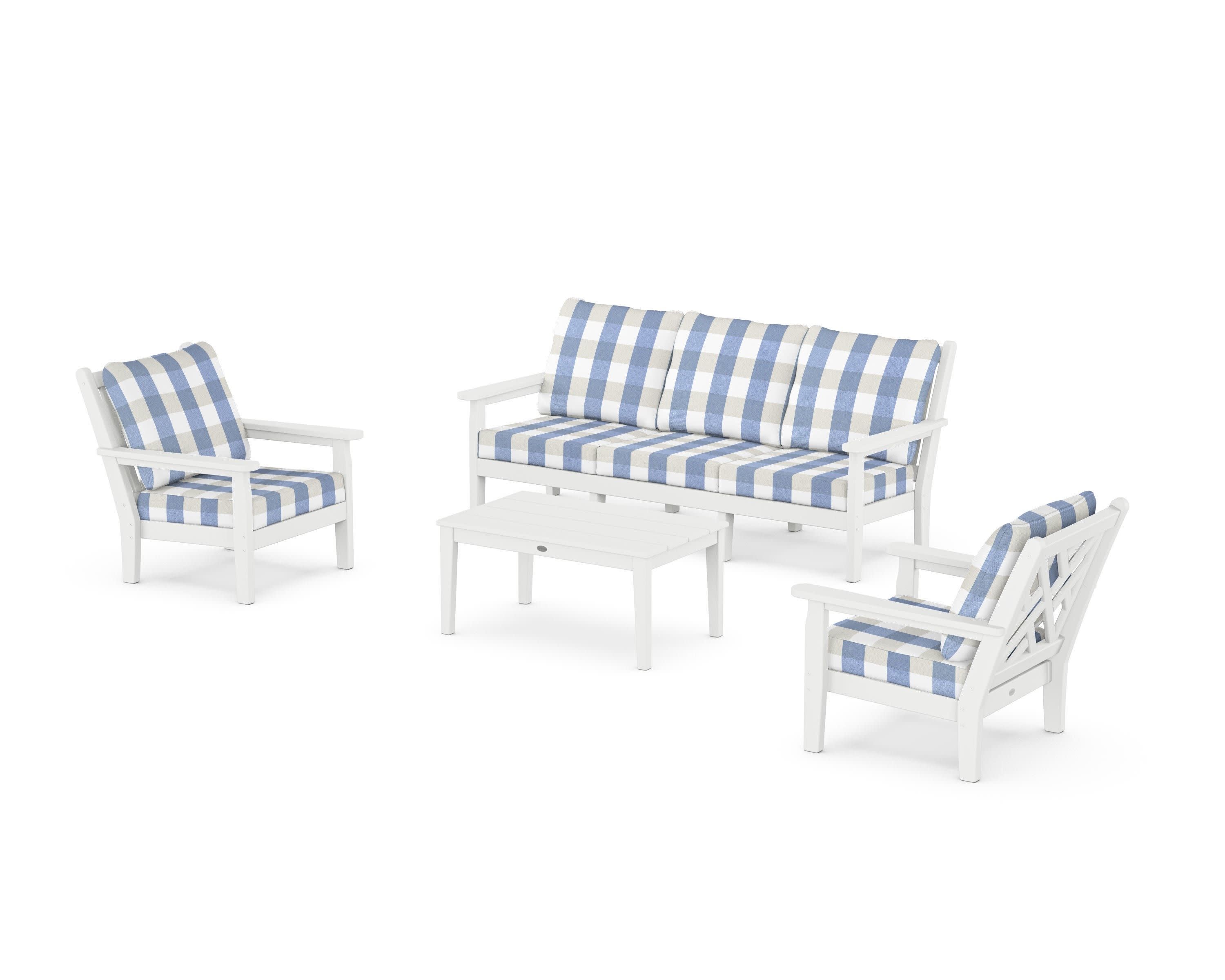 Chippendale 4-Piece Deep Seating Set with Sofa in White / Buffalo Plaid Sky Blue