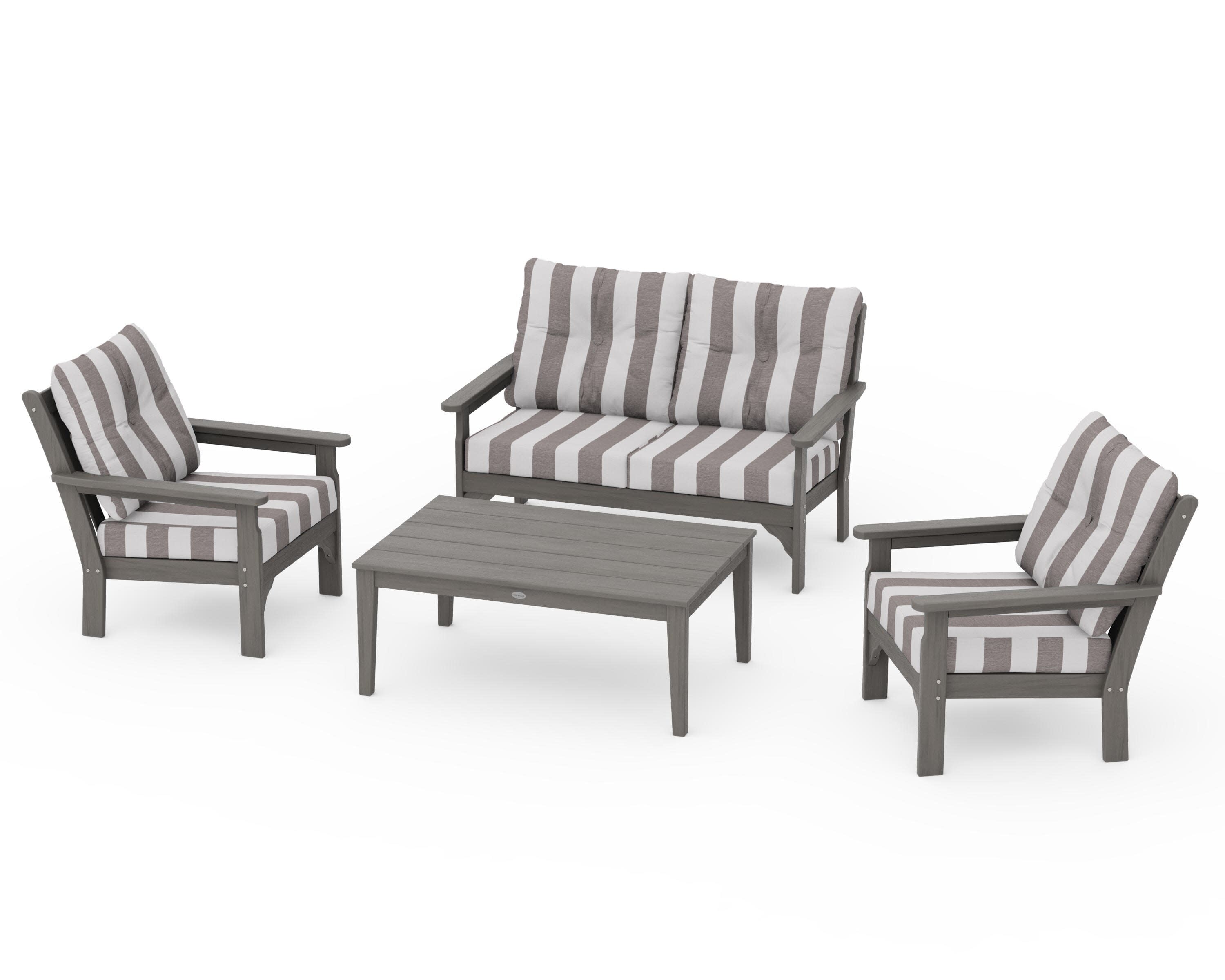 Vineyard 4-Piece Deep Seating Set in Driftwood / Cabana Stripe Grey Mist