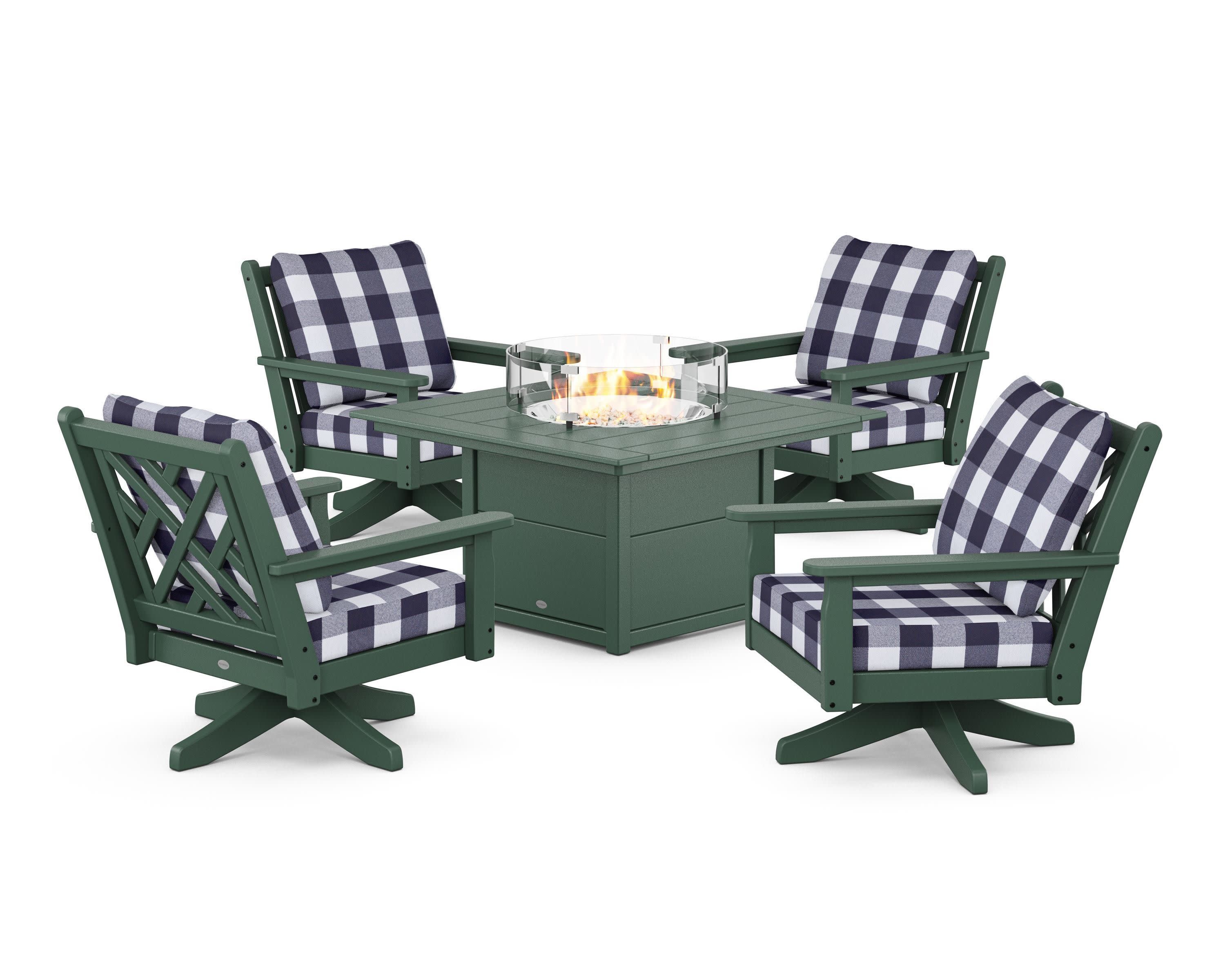 Chippendale 5-Piece Deep Seating Swivel Conversation Set with Fire Pit Table in Green / Buffalo Plaid Navy