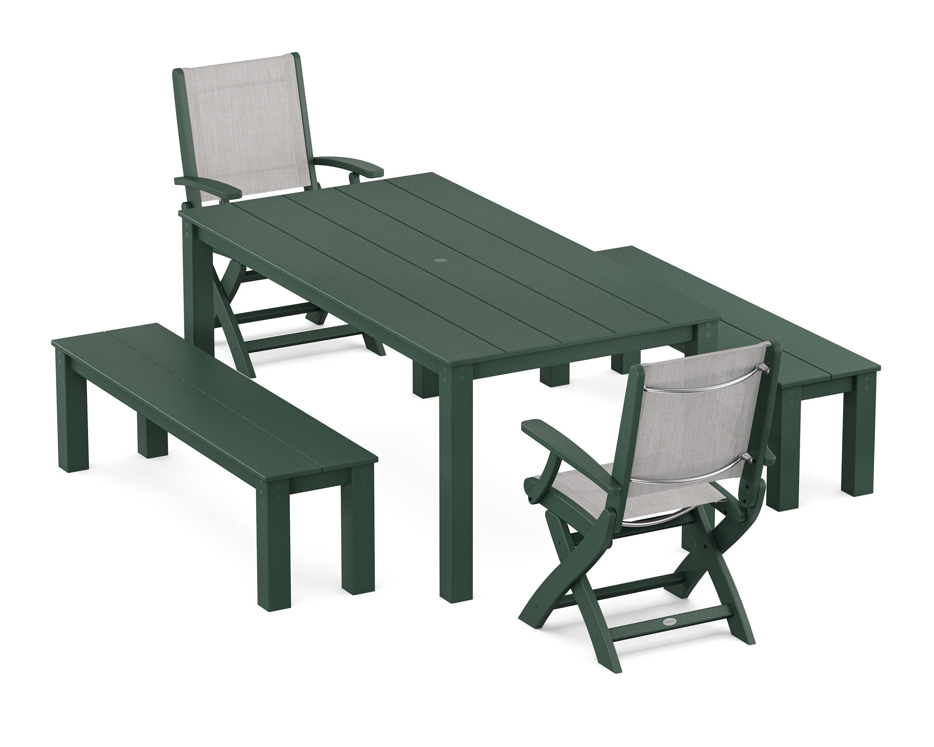 Coastal Folding Chair 5-Piece Parsons Dining Set with Benches in Green / Parchment Sling