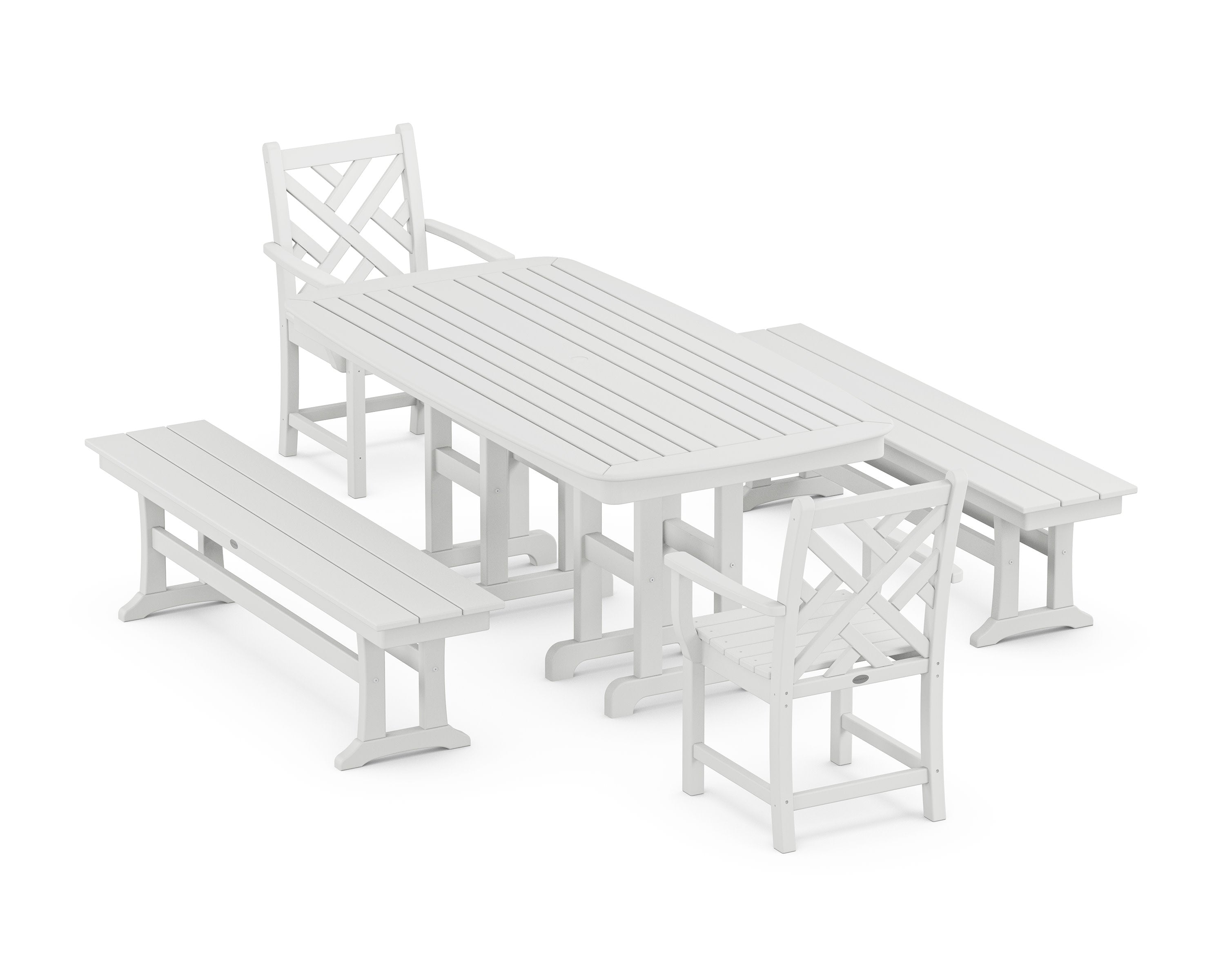 Chippendale 5-Piece Dining Set with Benches in White