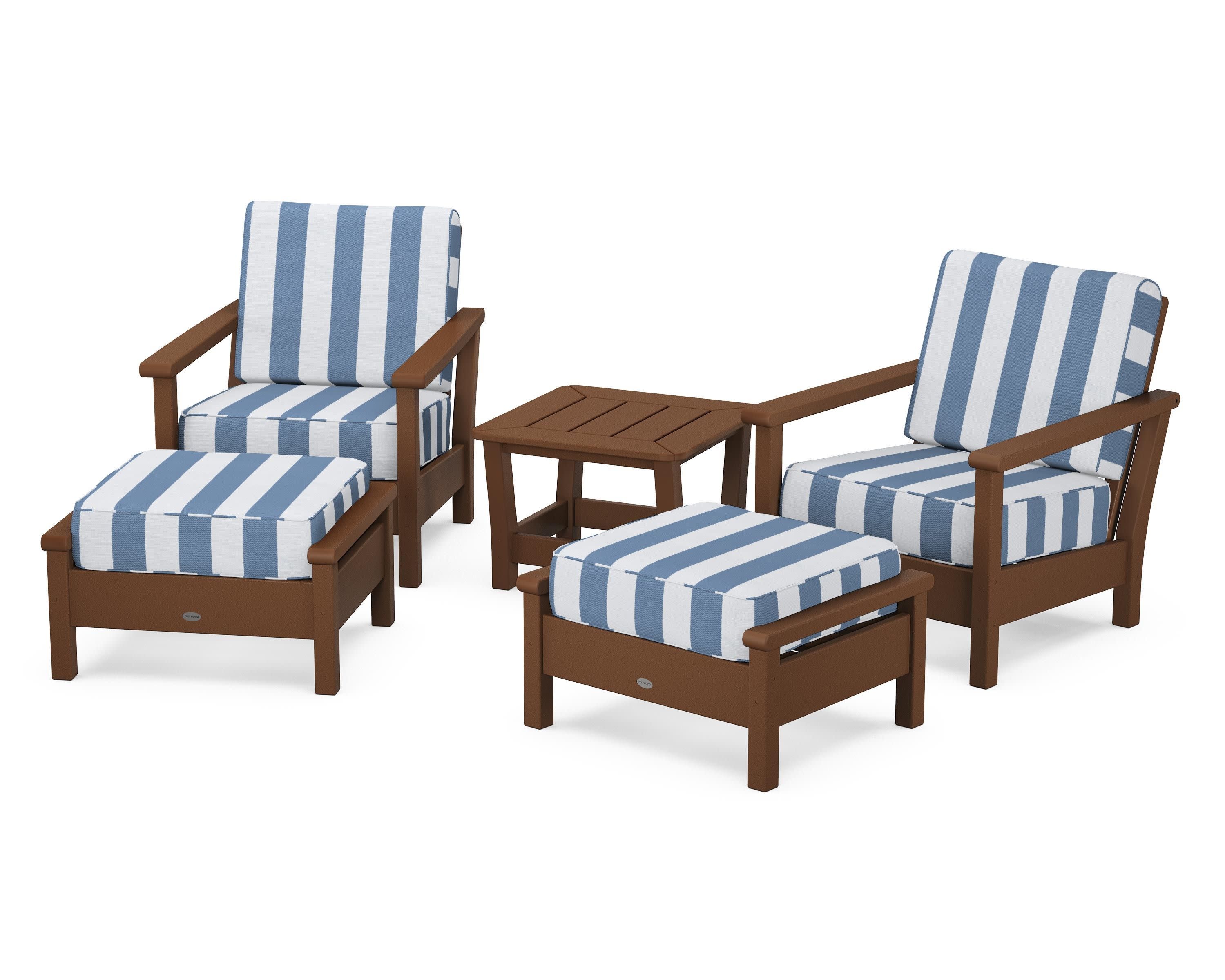 Harbour 5-Piece Deep Seating Chair Set in Teak / Cabana Stripe Sky Blue
