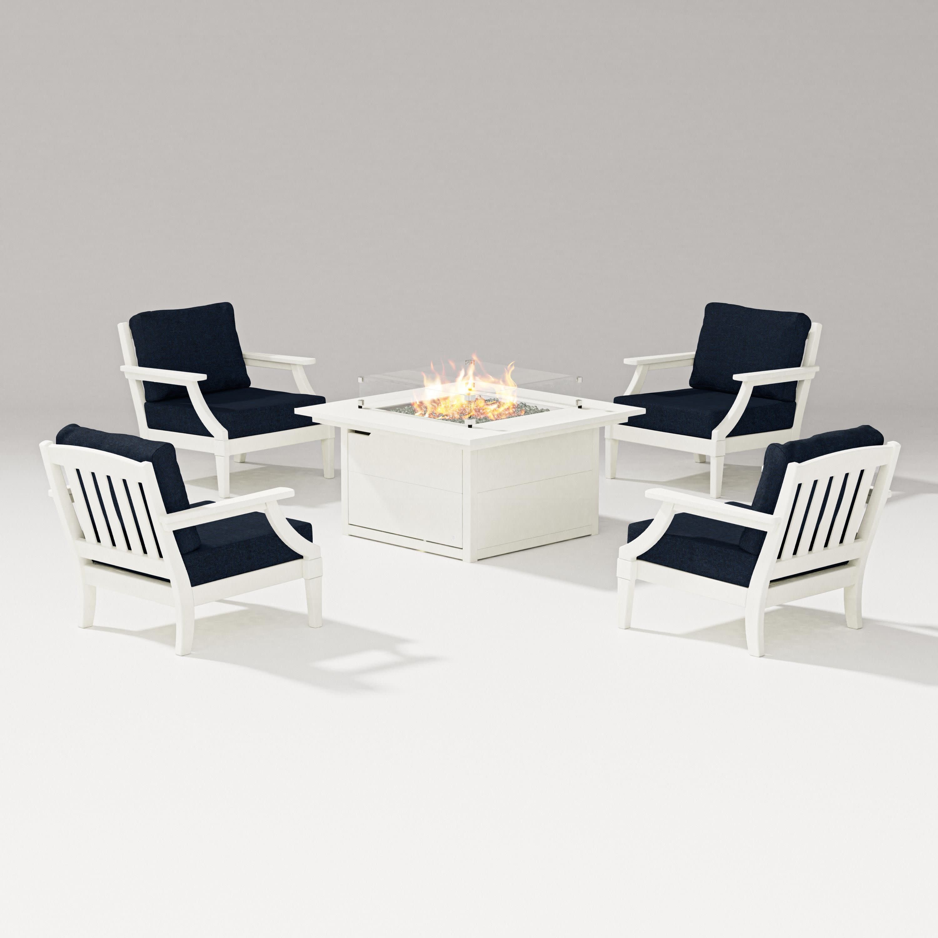 Estate 5-Piece Lounge Fire Table Set in Vintage White / Marine Indigo