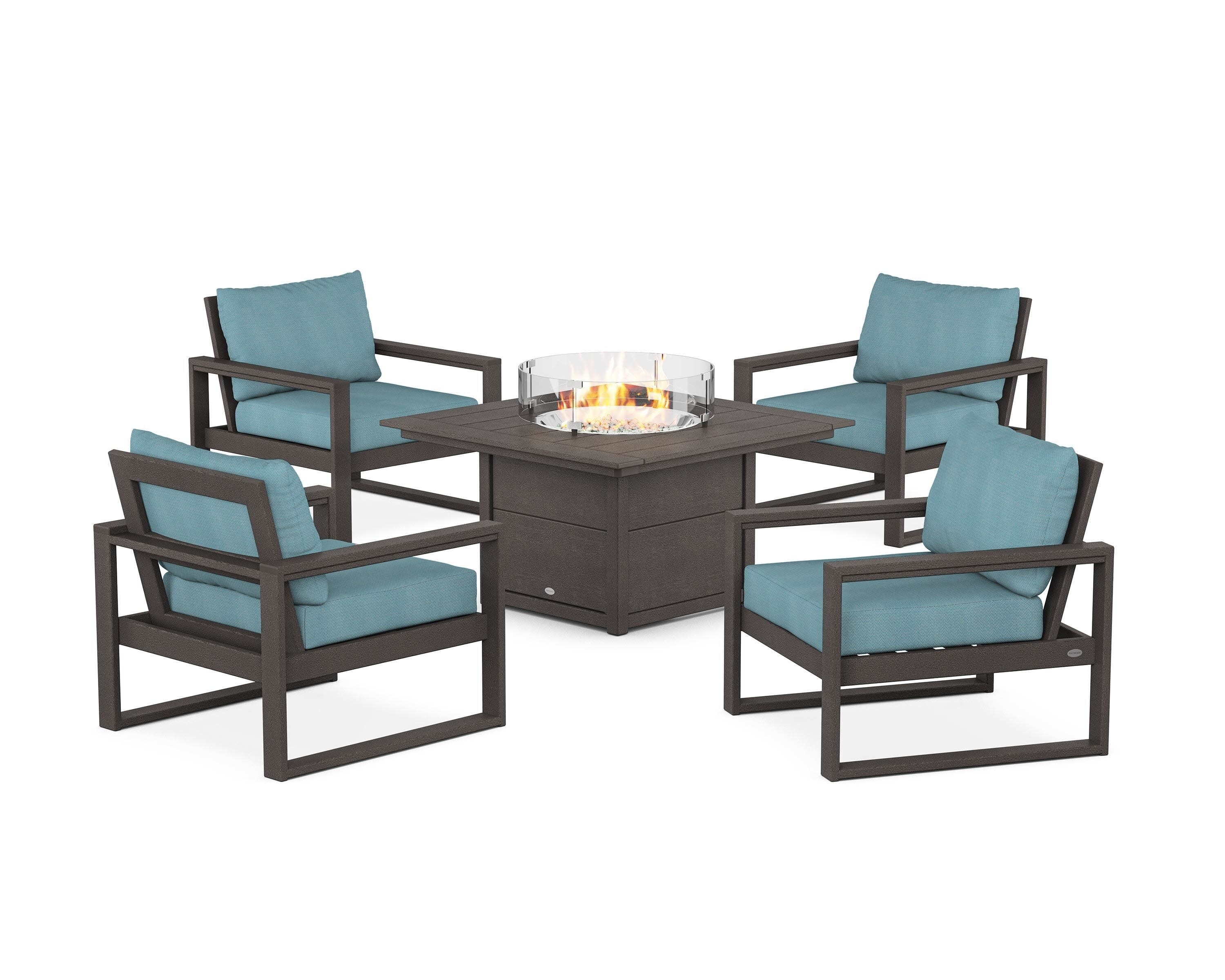 EDGE Sectional 5-Piece Deep Seating Set with Fire Pit Table in Vintage Coffee / Lattice Sky Blue