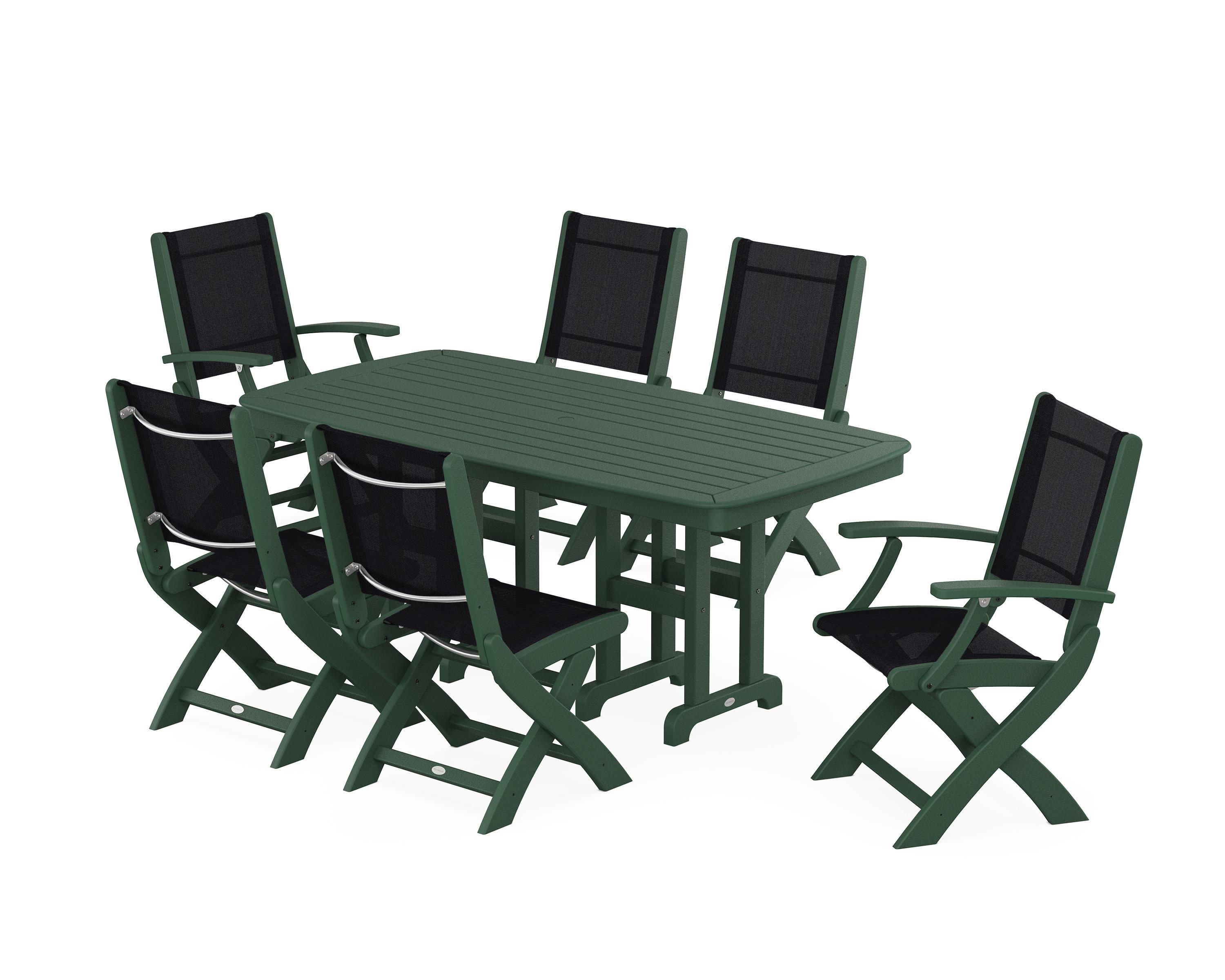 Coastal Folding Chair 7-Piece Dining Set in Green / Black Sling