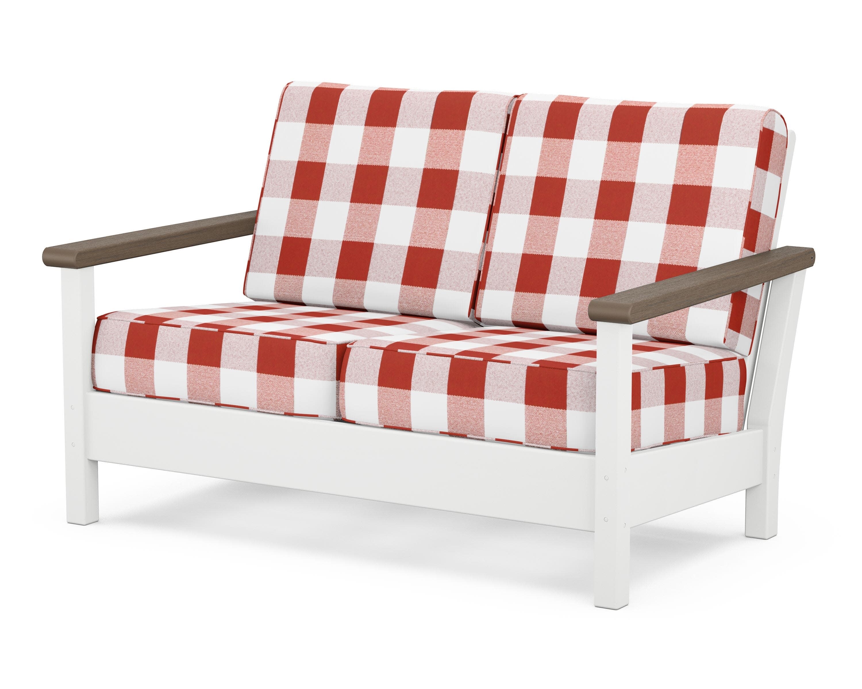 Harbour Deep Seating Loveseat in White / Kona / Buffalo Plaid Crimson