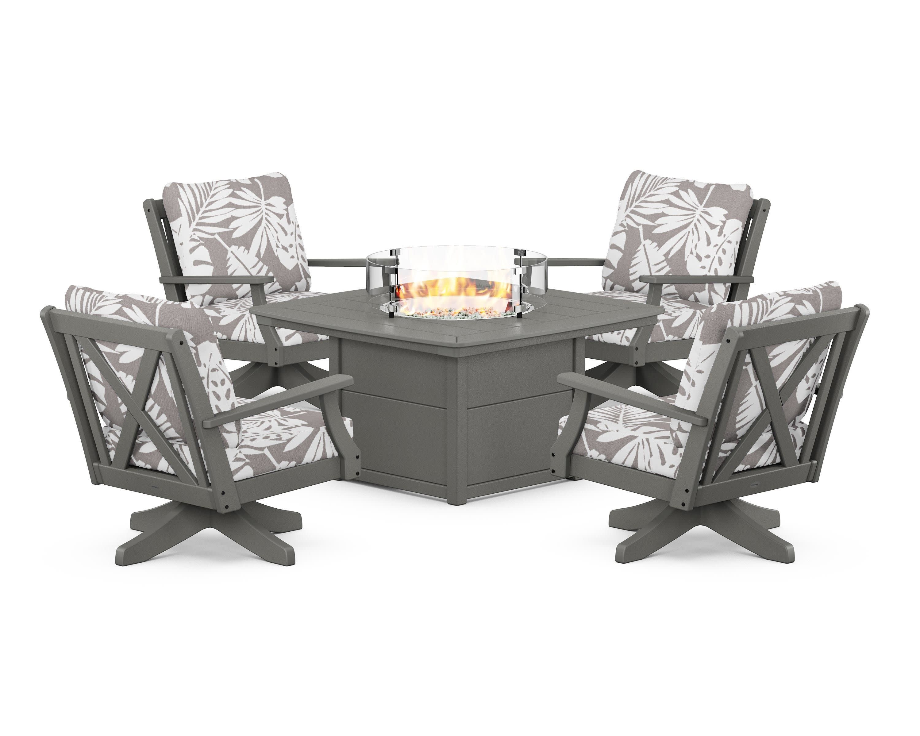 Braxton 5-Piece Deep Seating Swivel Conversation Set with Fire Pit Table in Slate Grey / Leaf Grey Mist
