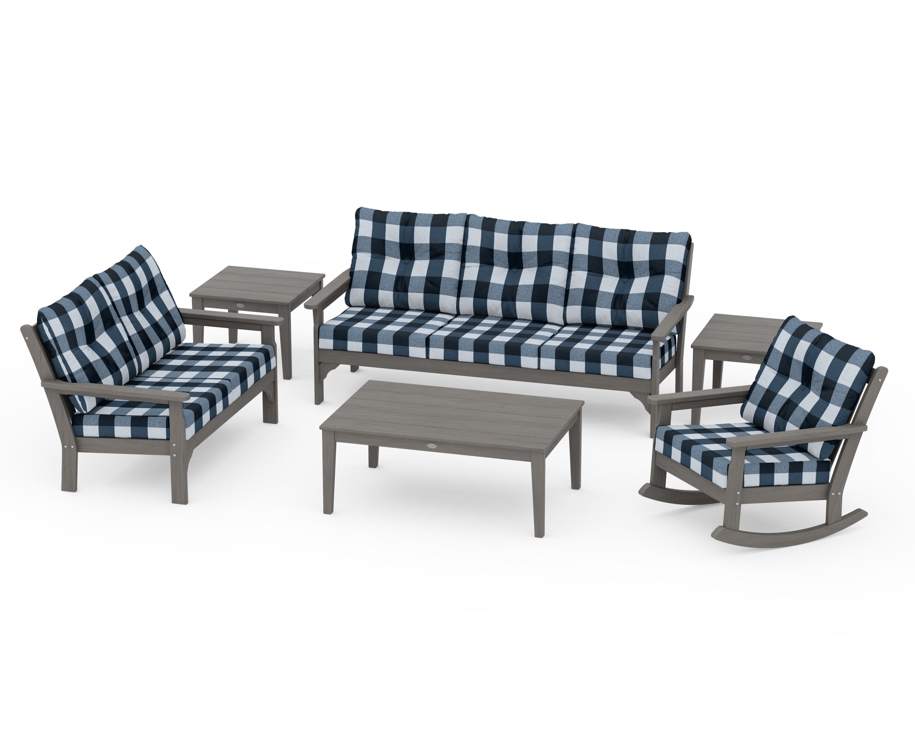 Vineyard 6-Piece Deep Seating Set in Driftwood / Buffalo Plaid Marine Indigo
