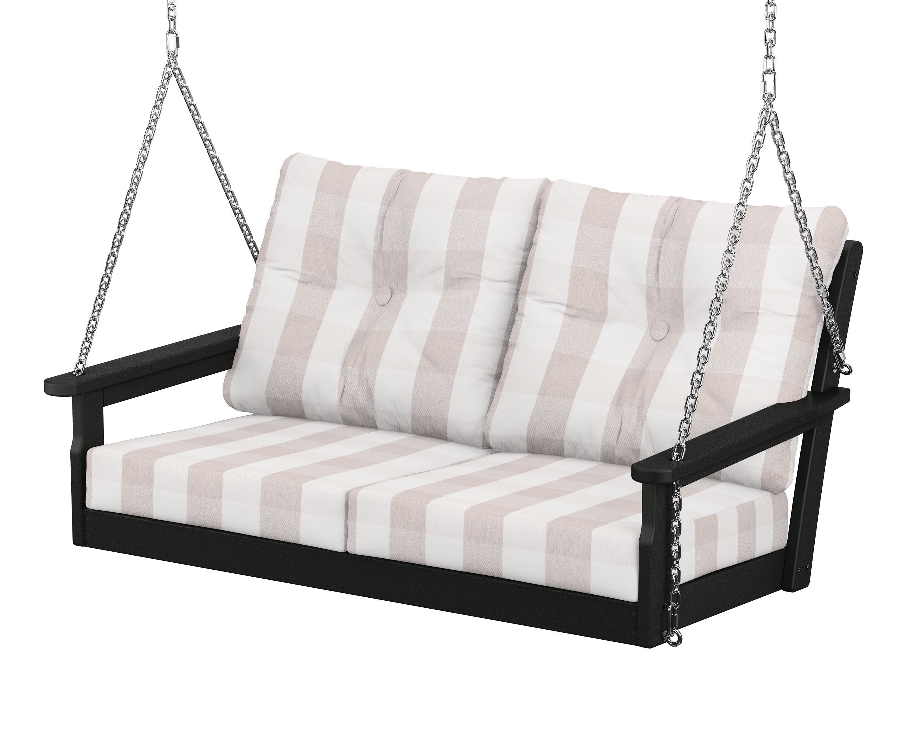Vineyard Deep Seating Swing in Black / Buffalo Plaid Dune Burlap