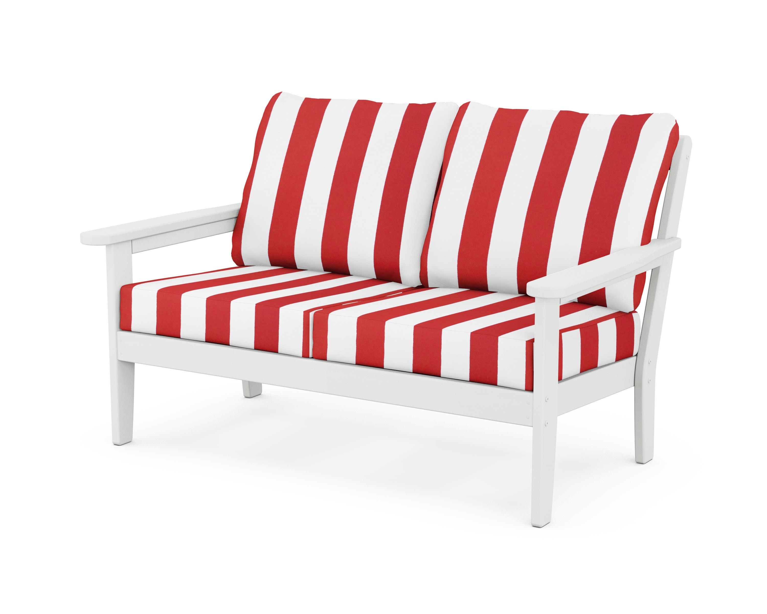 Cottage Deep Seating Loveseat in White / Cabana Stripe Crimson