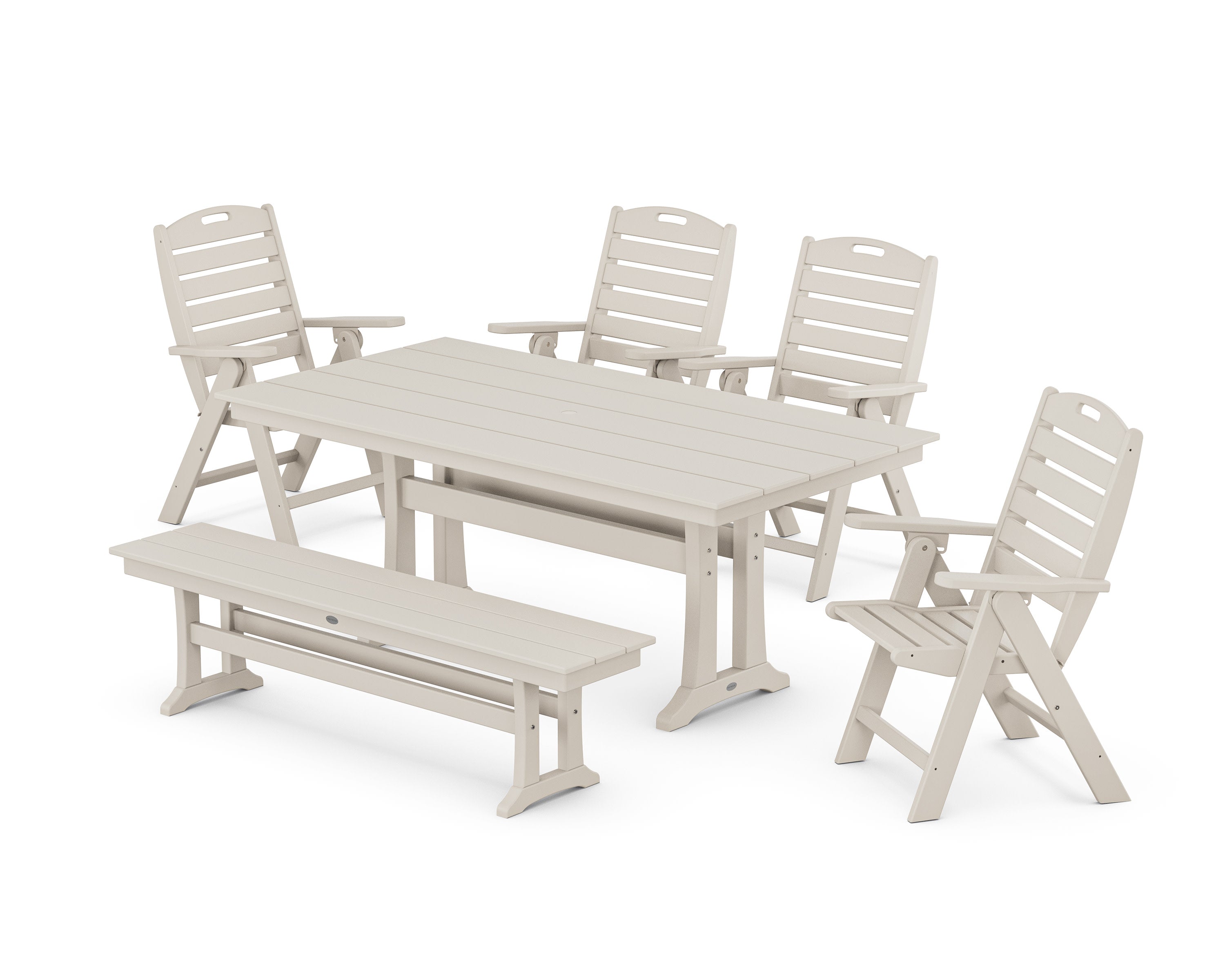 Nautical Highback 6-Piece Farmhouse Dining Set with Trestle Legs and Bench in Sand