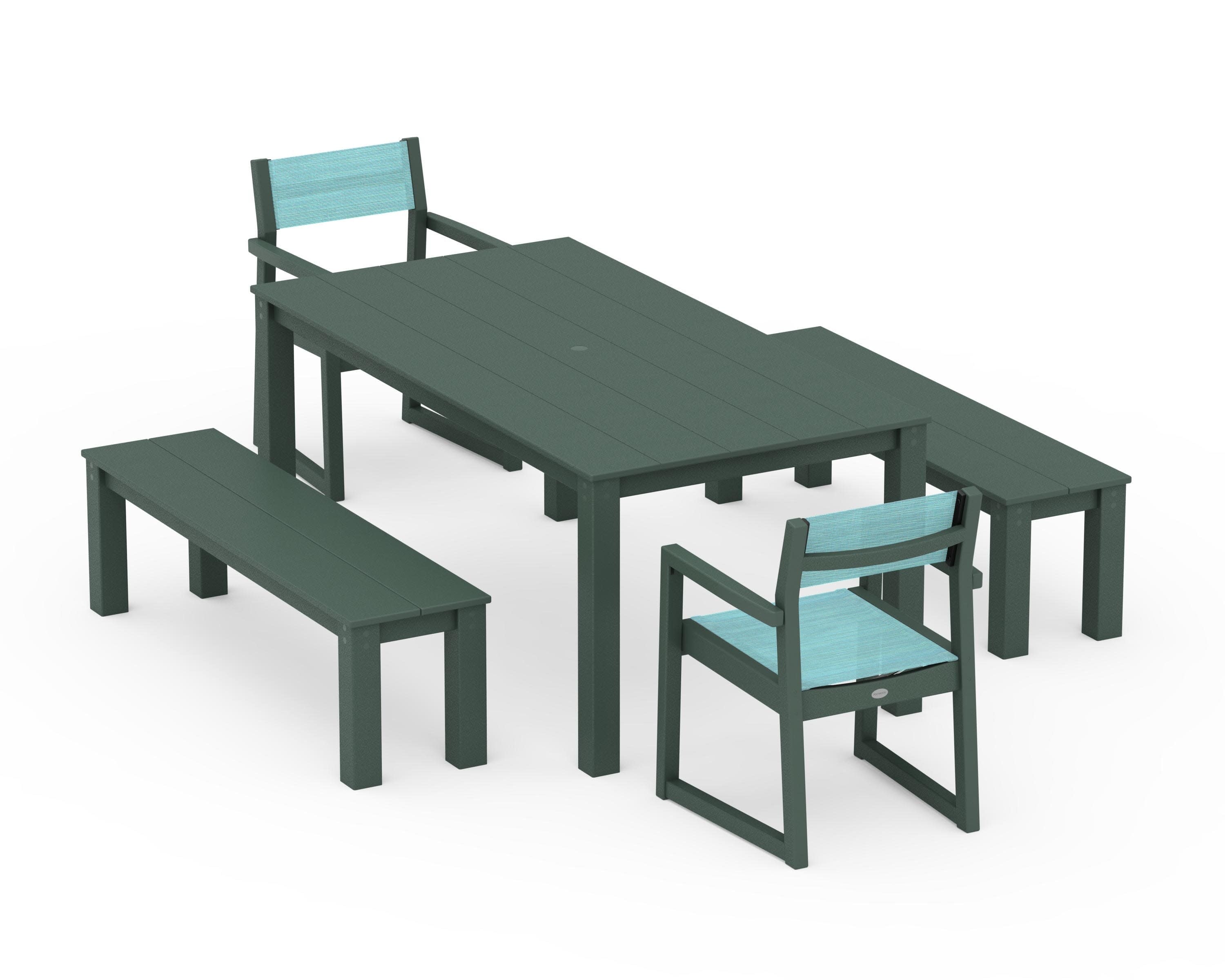 EDGE Sling Arm Chair 5-Piece Parsons Dining Set with Benches in Green / Dupioni Aquamarine Sling