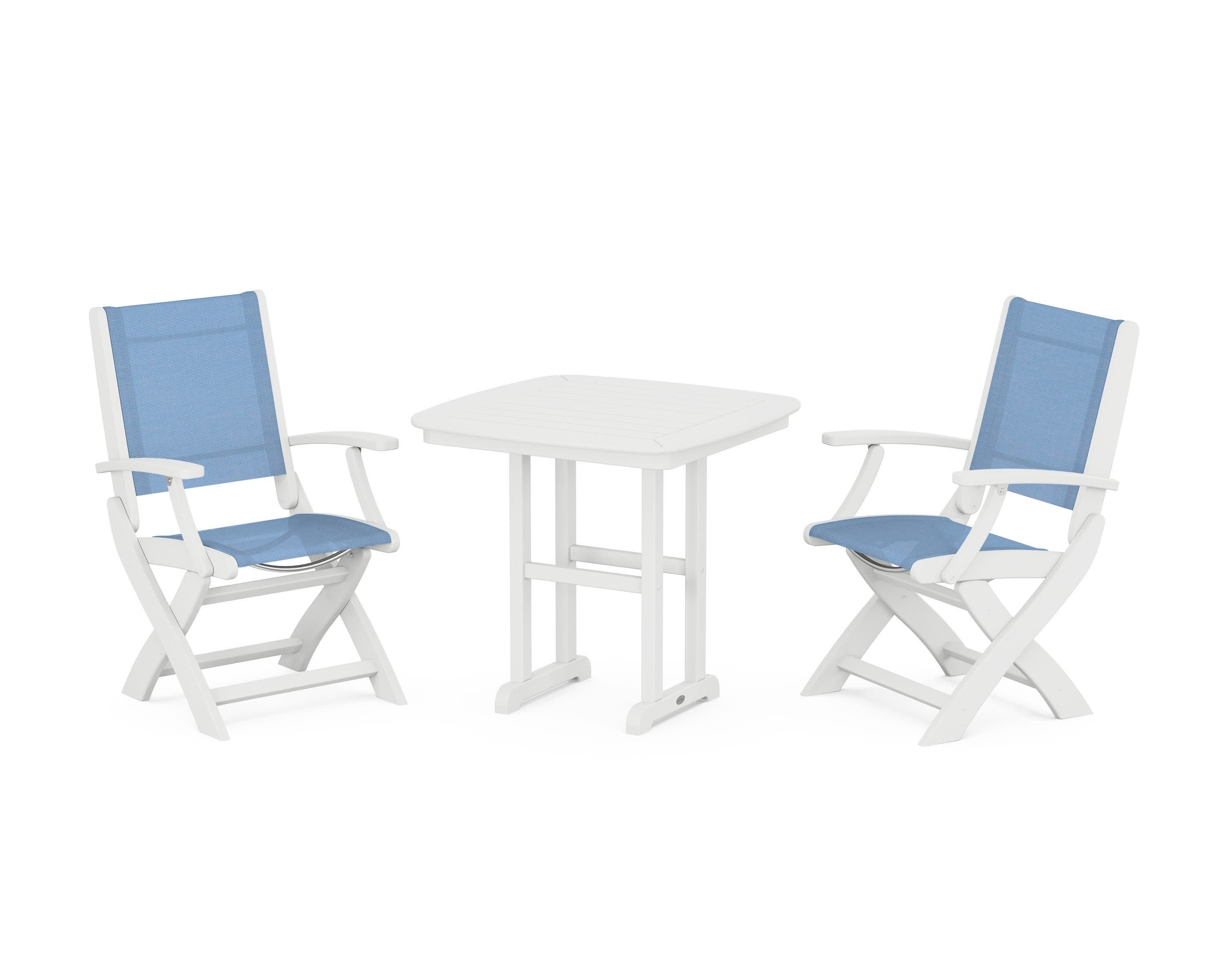 Coastal Folding Chair 3-Piece Dining Set in White / Poolside Sling