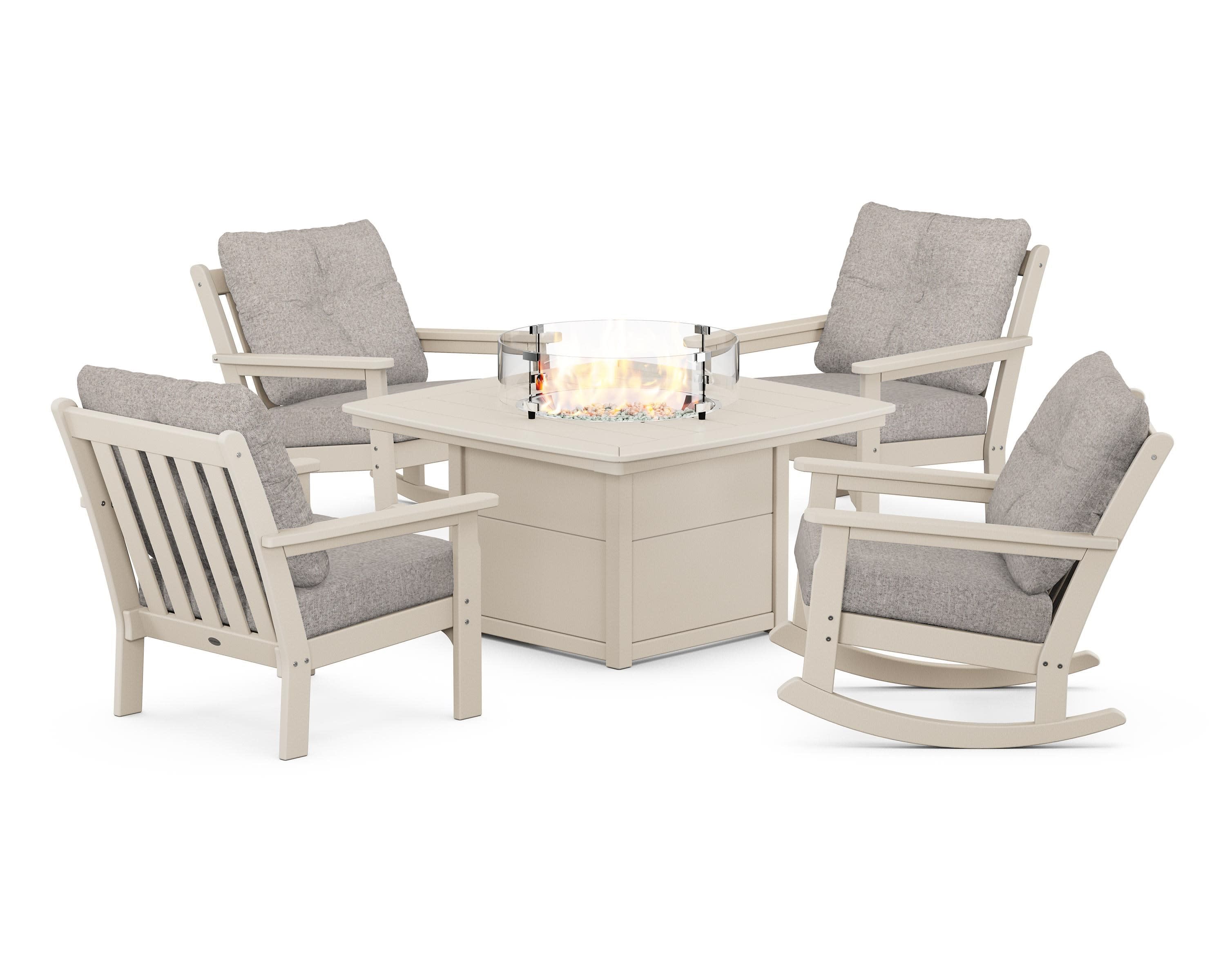Vineyard 5-Piece Deep Seating Rocking Chair Conversation Set with Fire Pit Table in Sand / Weathered Tweed