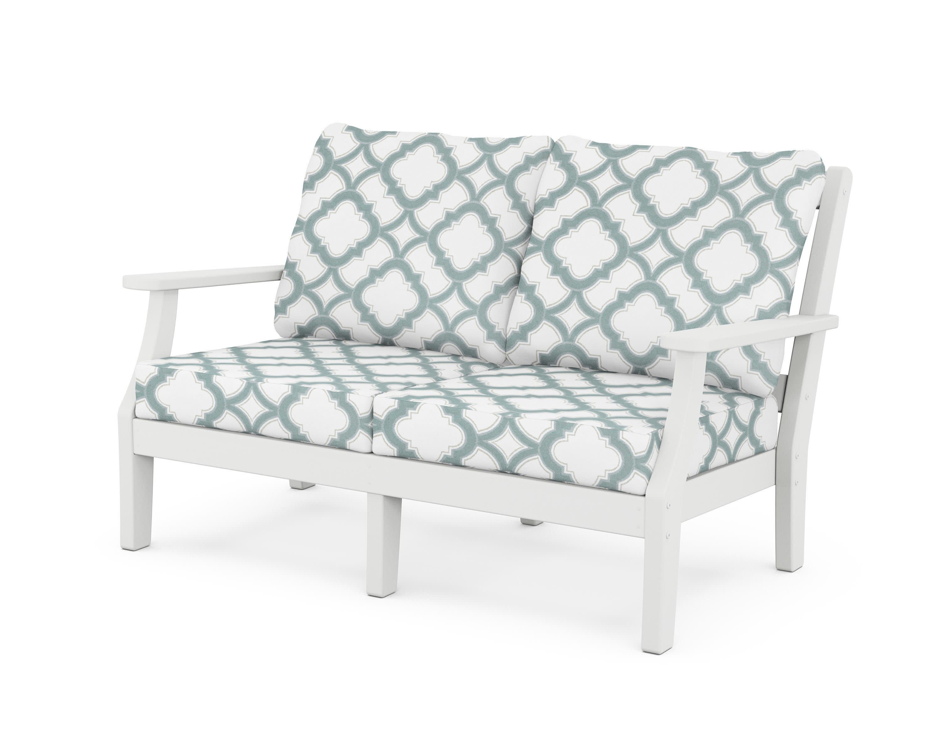 Chinoiserie Deep Seating Loveseat in White / Trellis Glacier Spa