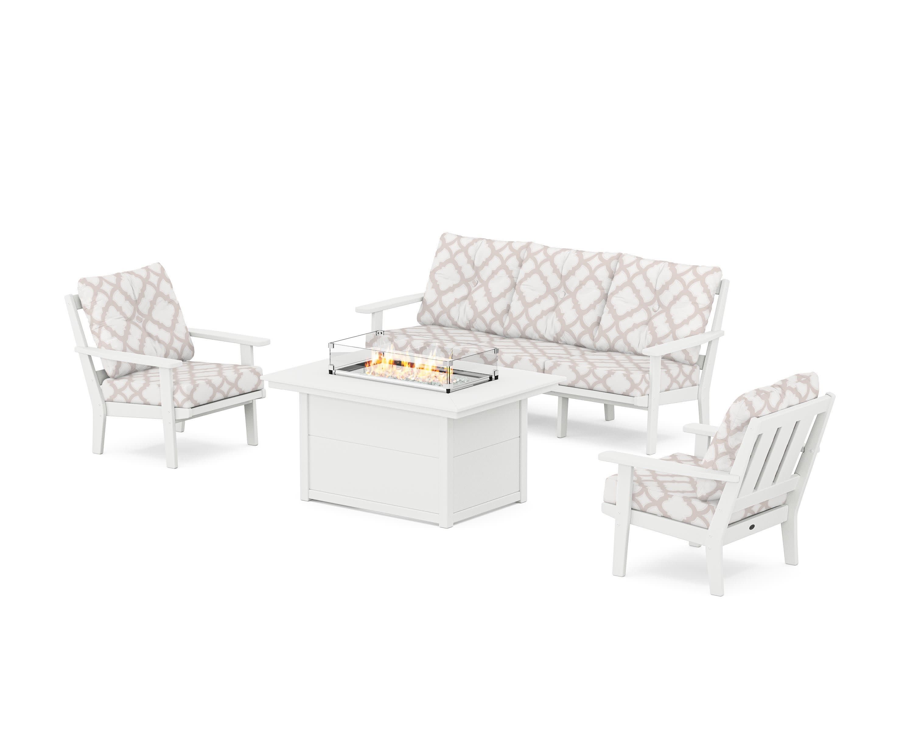 Oxford Deep Seating Fire Pit Table Set in White / Trellis Dune Burlap