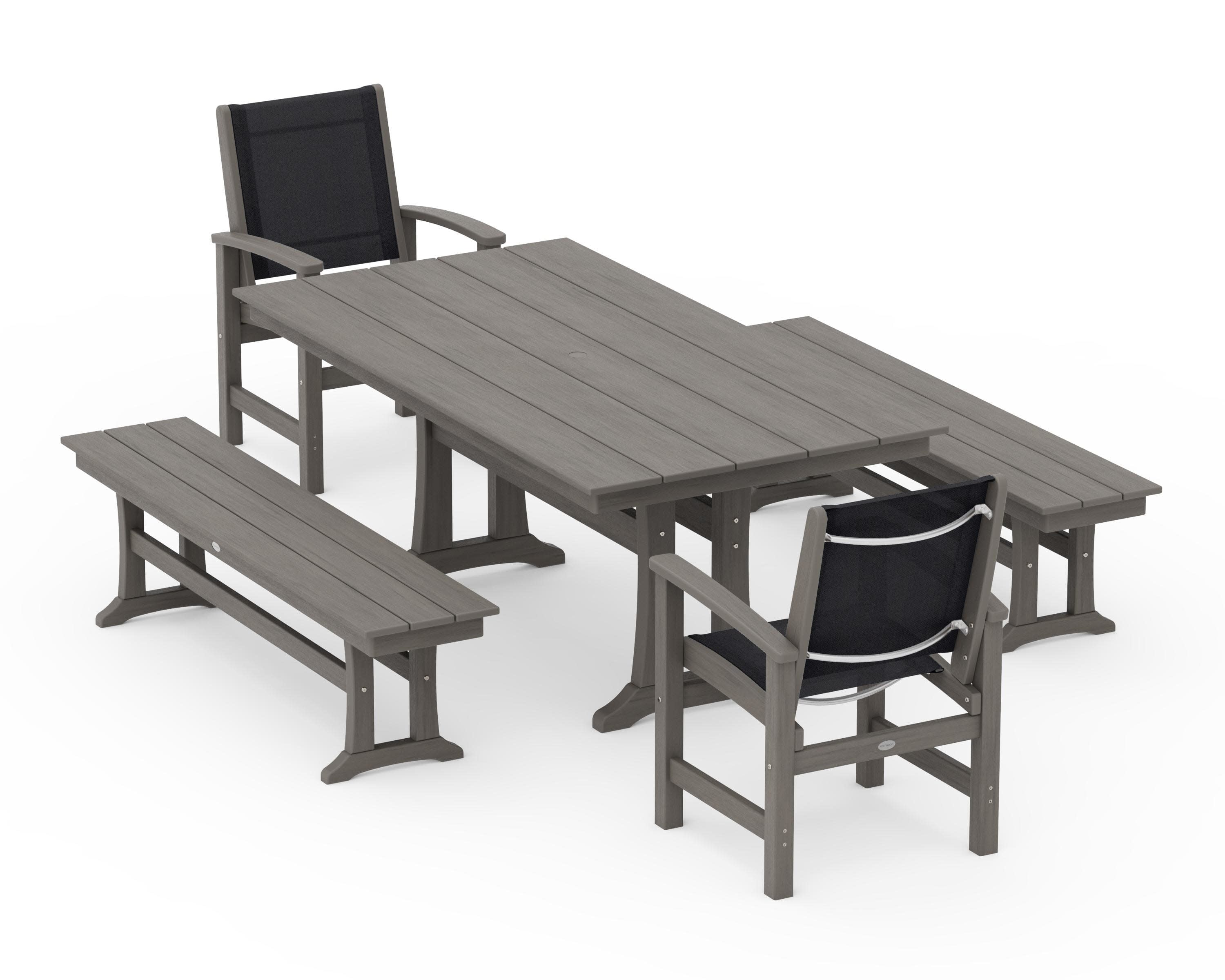 Coastal 5-Piece Farmhouse Dining Set with Trestle Legs and Benches in Driftwood / Black Sling