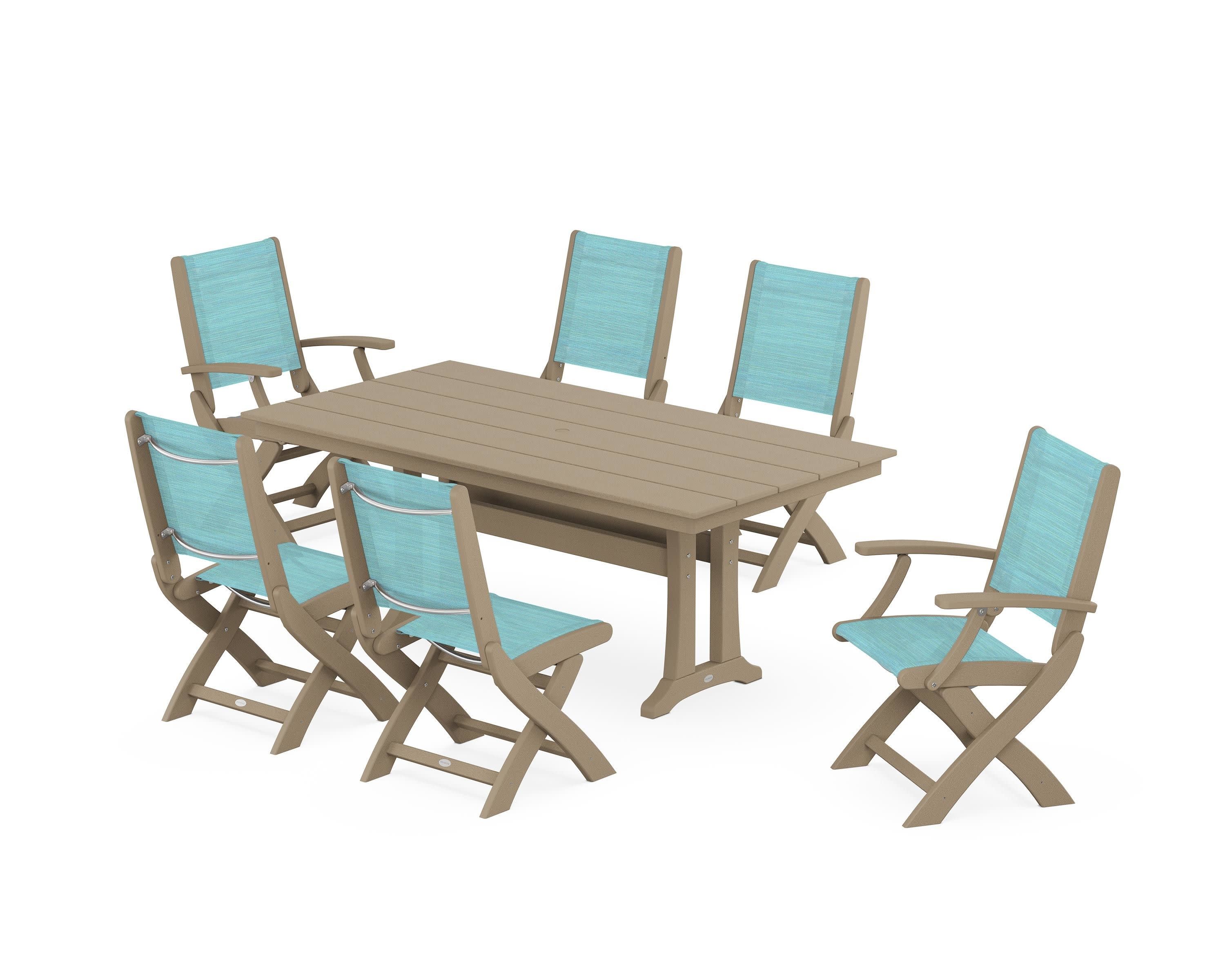 Coastal Folding Chair 7-Piece Farmhouse Dining Set with Trestle Legs in Vintage Sahara / Dupioni Aquamarine Sling
