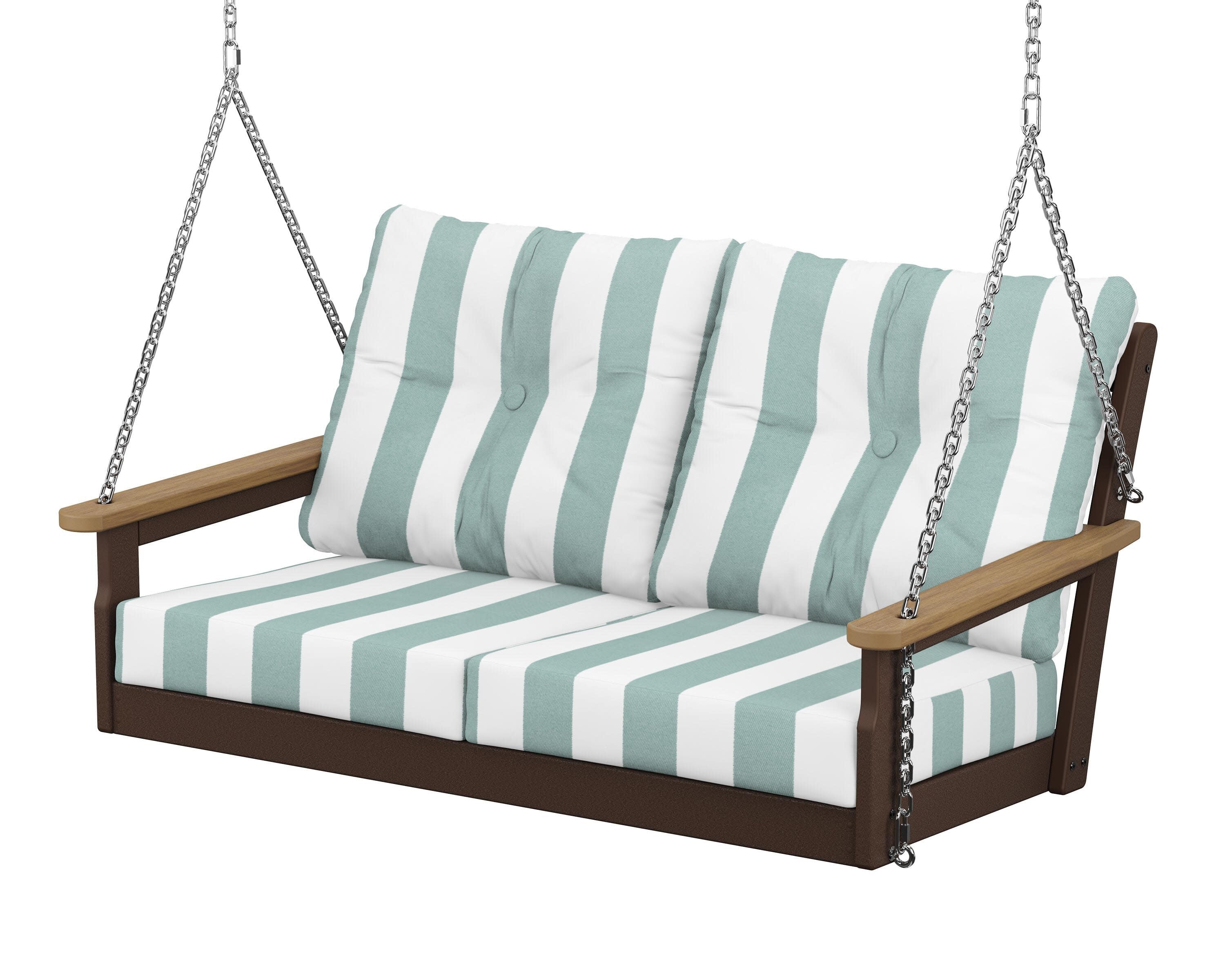 Vineyard Deep Seating Swing in Mahogany / Natural / Cabana Stripe Glacier Spa