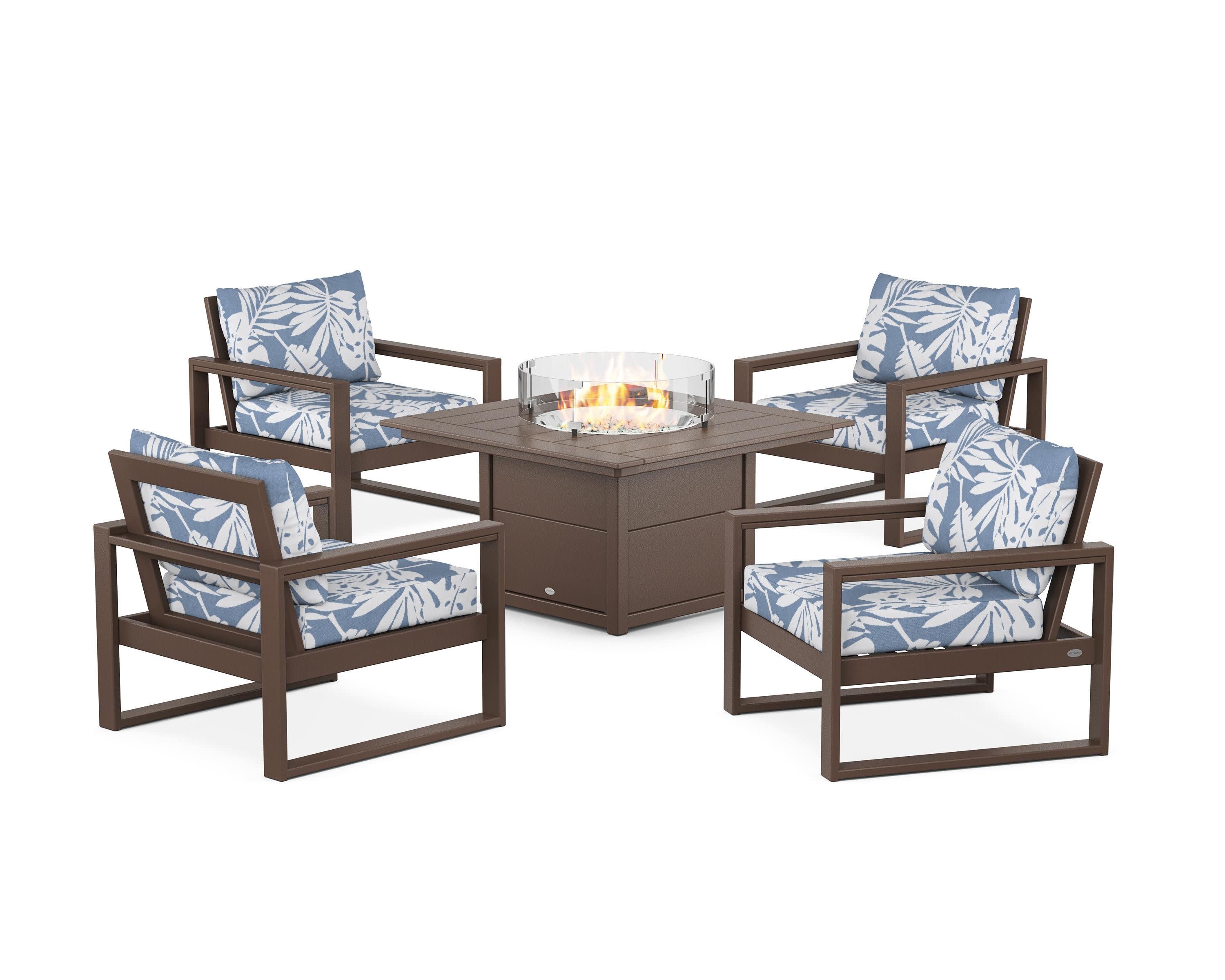 EDGE Sectional 5-Piece Deep Seating Set with Fire Pit Table in Mahogany / Leaf Sky Blue