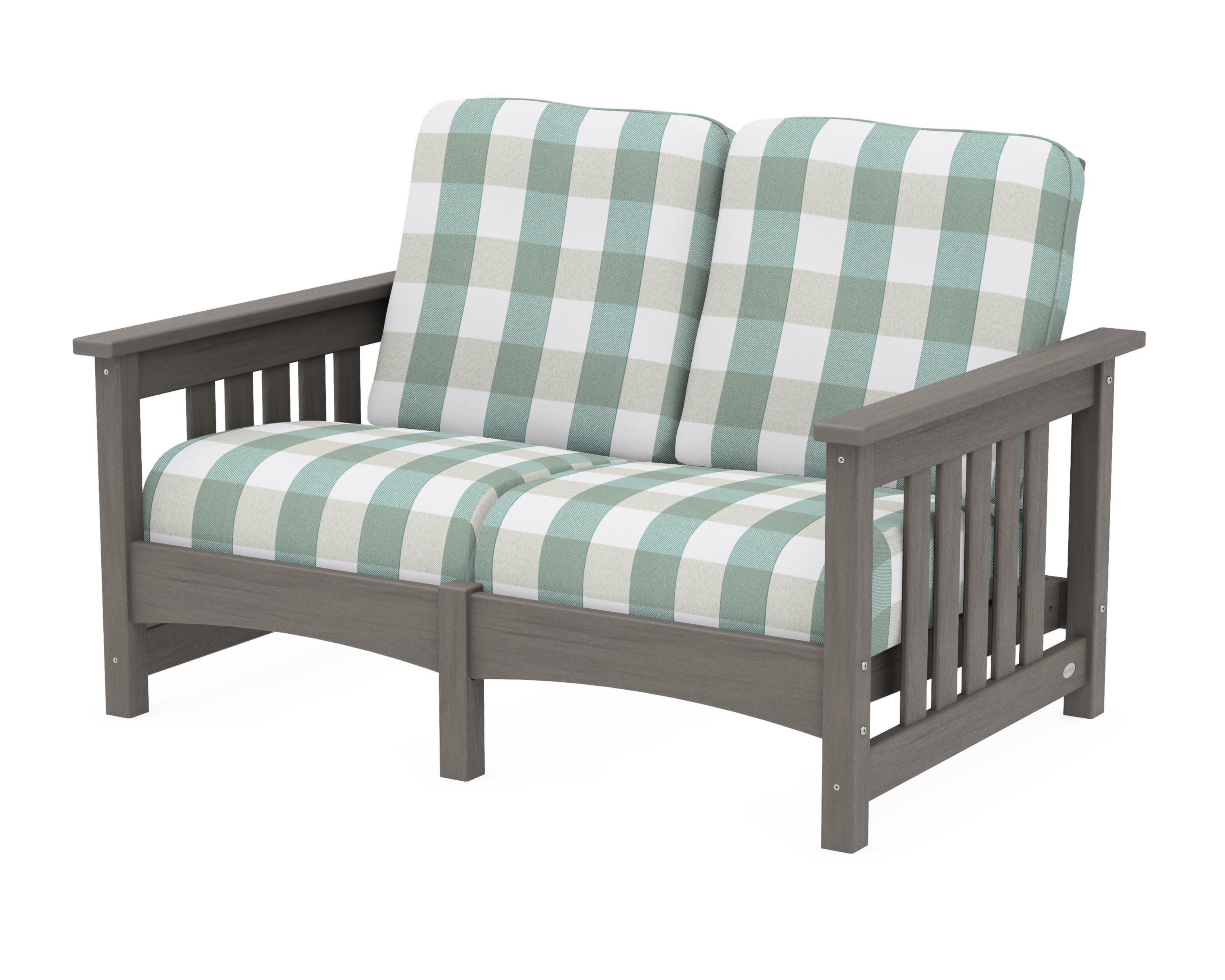 Club Mission Loveseat in Driftwood / Buffalo Plaid Glacier Spa